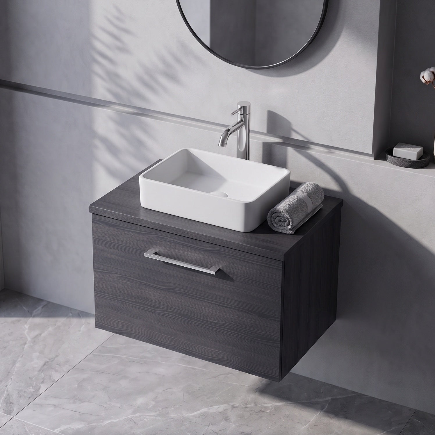 Fairford Aspri 600mm Charcoal Black Wall Hung Vanity Unit, MDF Charcoal Black Worktop
