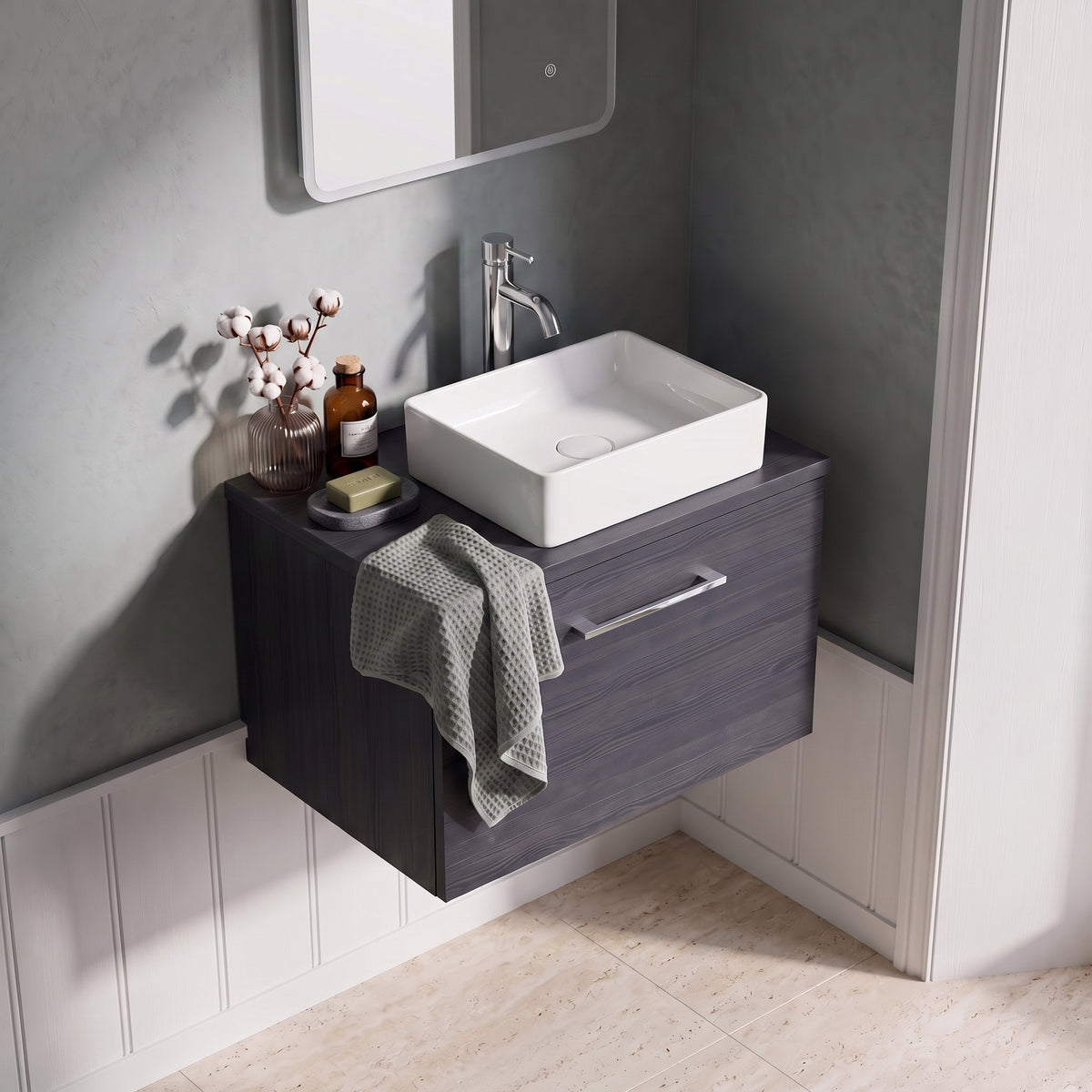 Fairford Aspri 600mm Charcoal Black Wall Hung Vanity Unit, MDF Charcoal Black Worktop