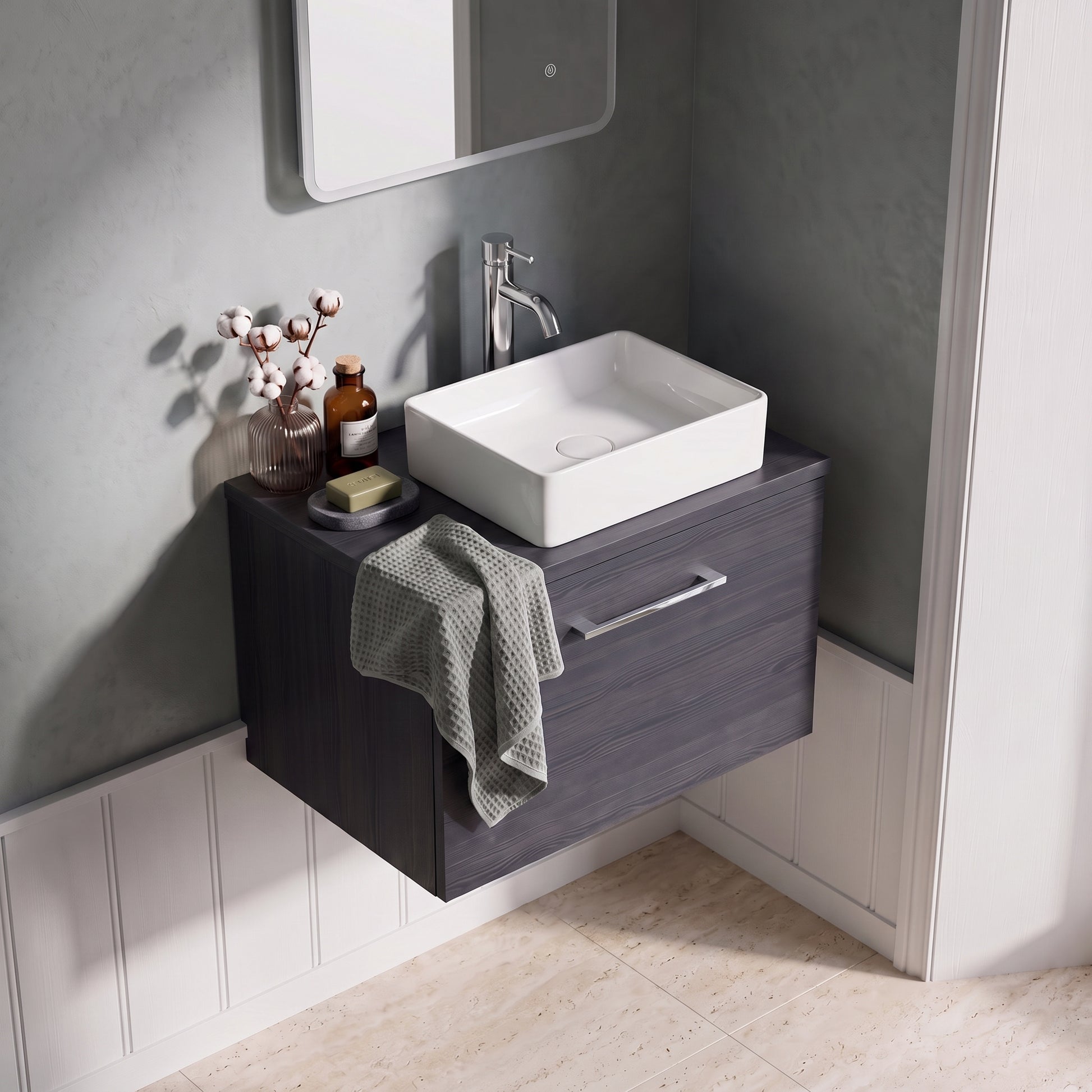 Fairford Aspri 600mm Charcoal Black Wall Hung Vanity Unit, MDF Charcoal Black Worktop