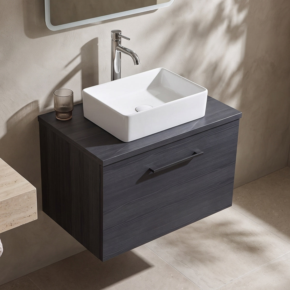 Fairford Aspri 600mm Charcoal Black Wall Hung Vanity Unit, MDF Charcoal Black Worktop