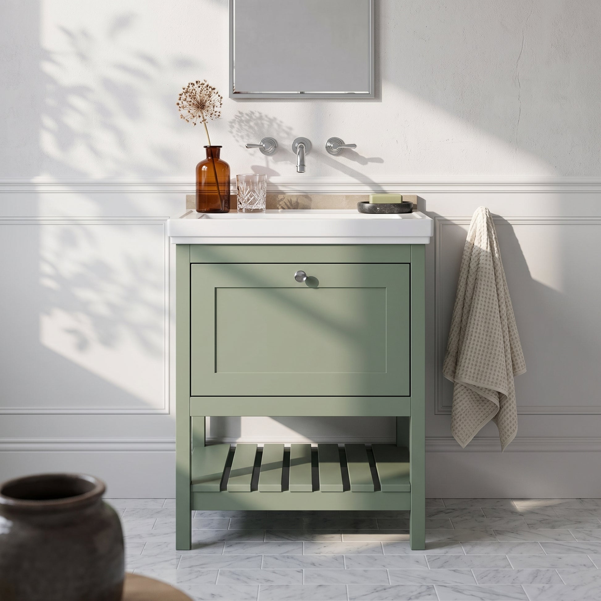 Fairford Juliette Fern Green 600mm 1 Drawer Floorstanding Vanity Unit with 0 Tap Hole Basin