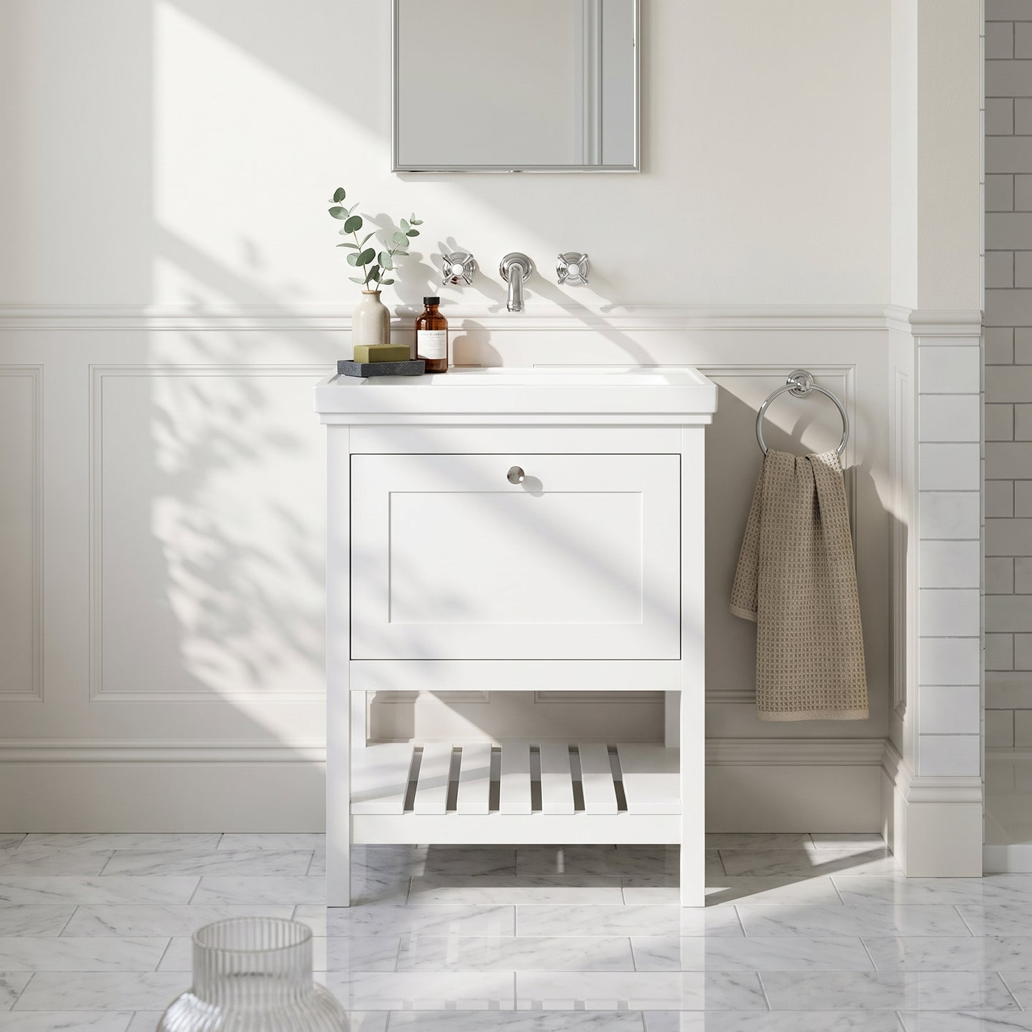 Fairford Juliette Satin White 600mm 1 Drawer Floorstanding Vanity Unit with 0 Tap Hole Basin