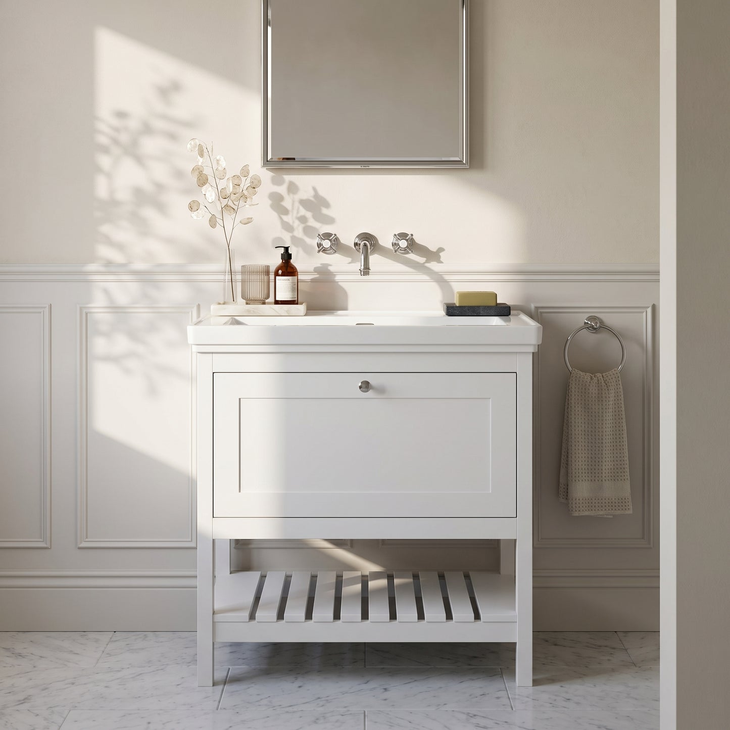 Fairford Juliette Satin White 800mm 1 Drawer Floorstanding Vanity Unit with 0 Tap Hole Basin