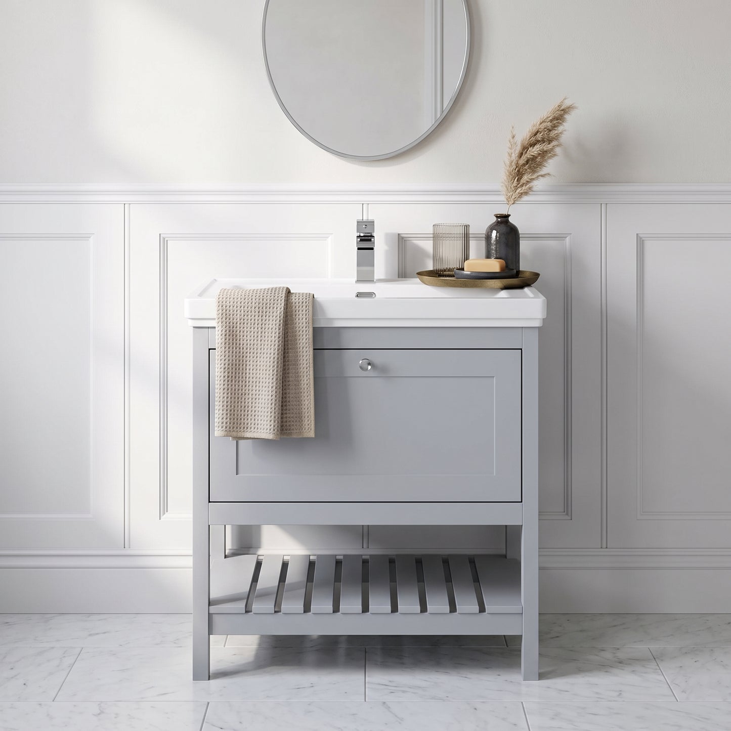 Fairford Juliette Satin Grey 800mm 1 Drawer Floorstanding Vanity Unit with 1 Tap Hole Basin