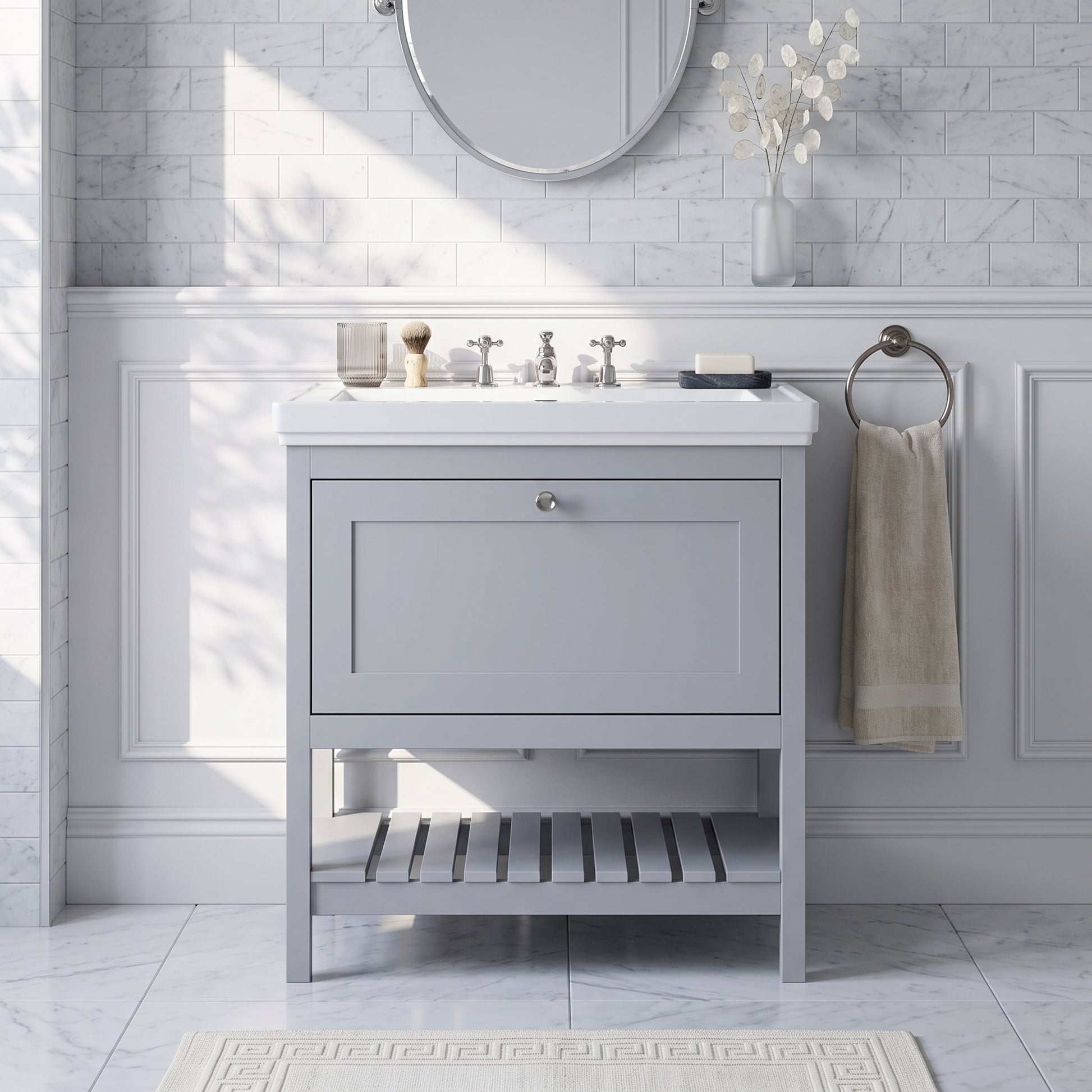 Fairford Juliette Satin Grey 800mm 1 Drawer Floorstanding Vanity Unit with 3 Tap Hole Basin