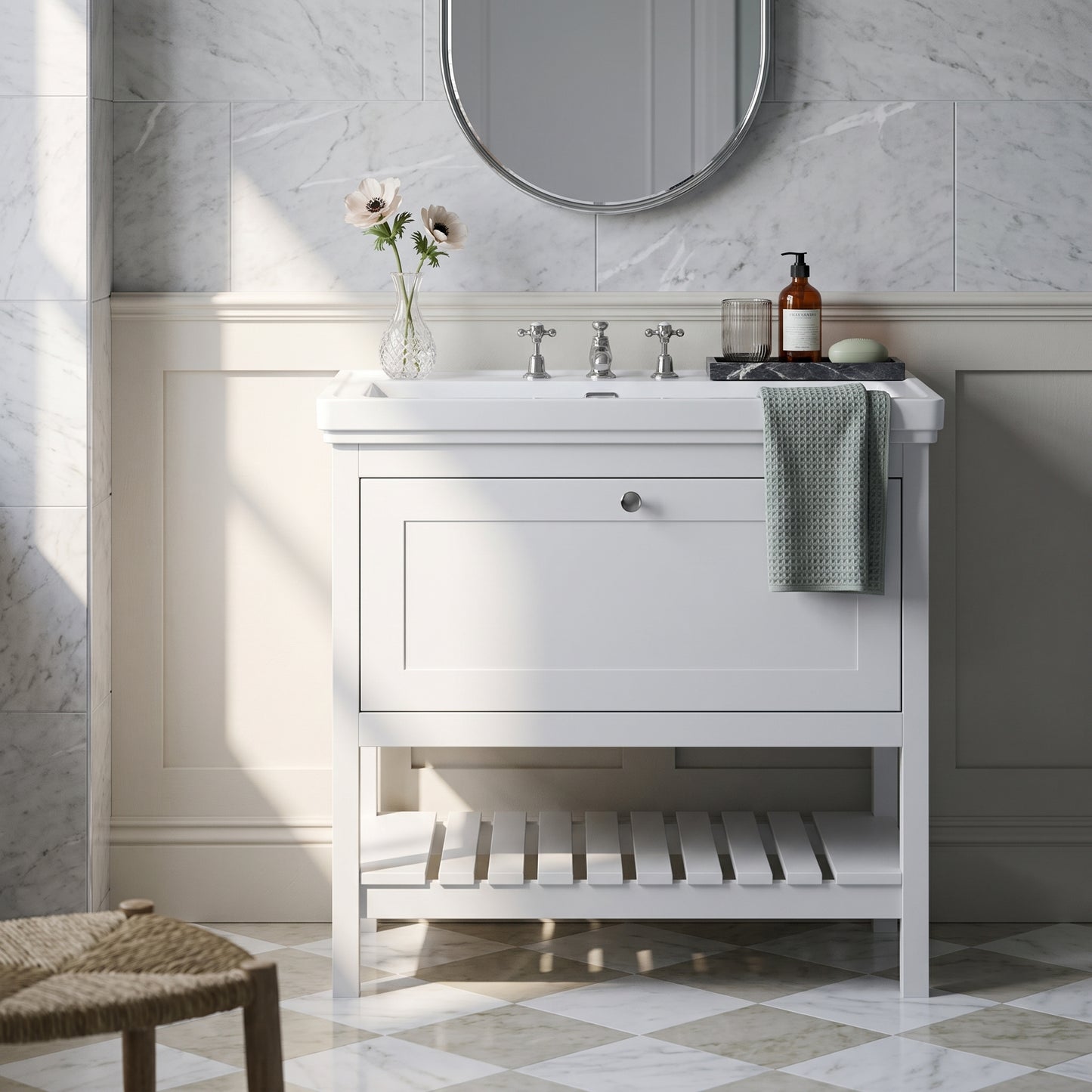Fairford Juliette Satin White 800mm 1 Drawer Floorstanding Vanity Unit with 3 Tap Hole Basin