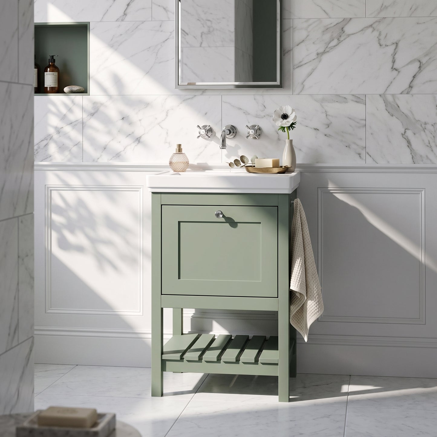 Fairford Juliette Fern Green 500mm 1 Drawer Floorstanding Vanity Unit with 0 Tap Hole Basin