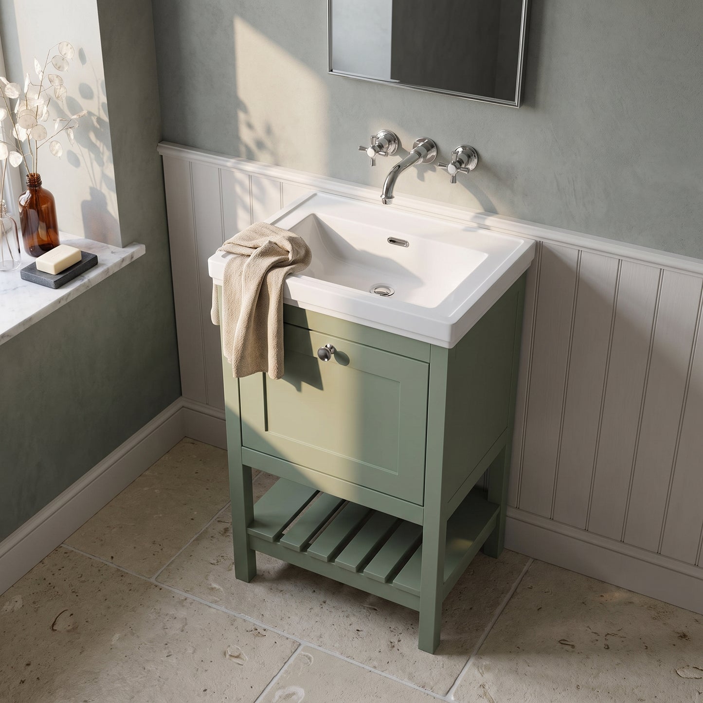 Fairford Juliette Fern Green 500mm 1 Drawer Floorstanding Vanity Unit with 0 Tap Hole Basin