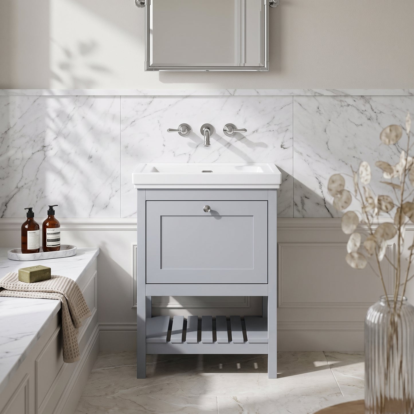 Fairford Juliette Satin Grey 600mm 1 Drawer Floorstanding Vanity Unit with 0 Tap Hole Basin