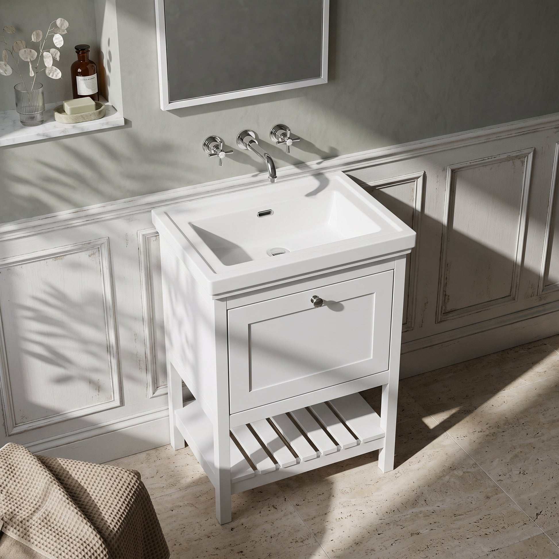 Fairford Juliette Satin White 600mm 1 Drawer Floorstanding Vanity Unit with 0 Tap Hole Basin