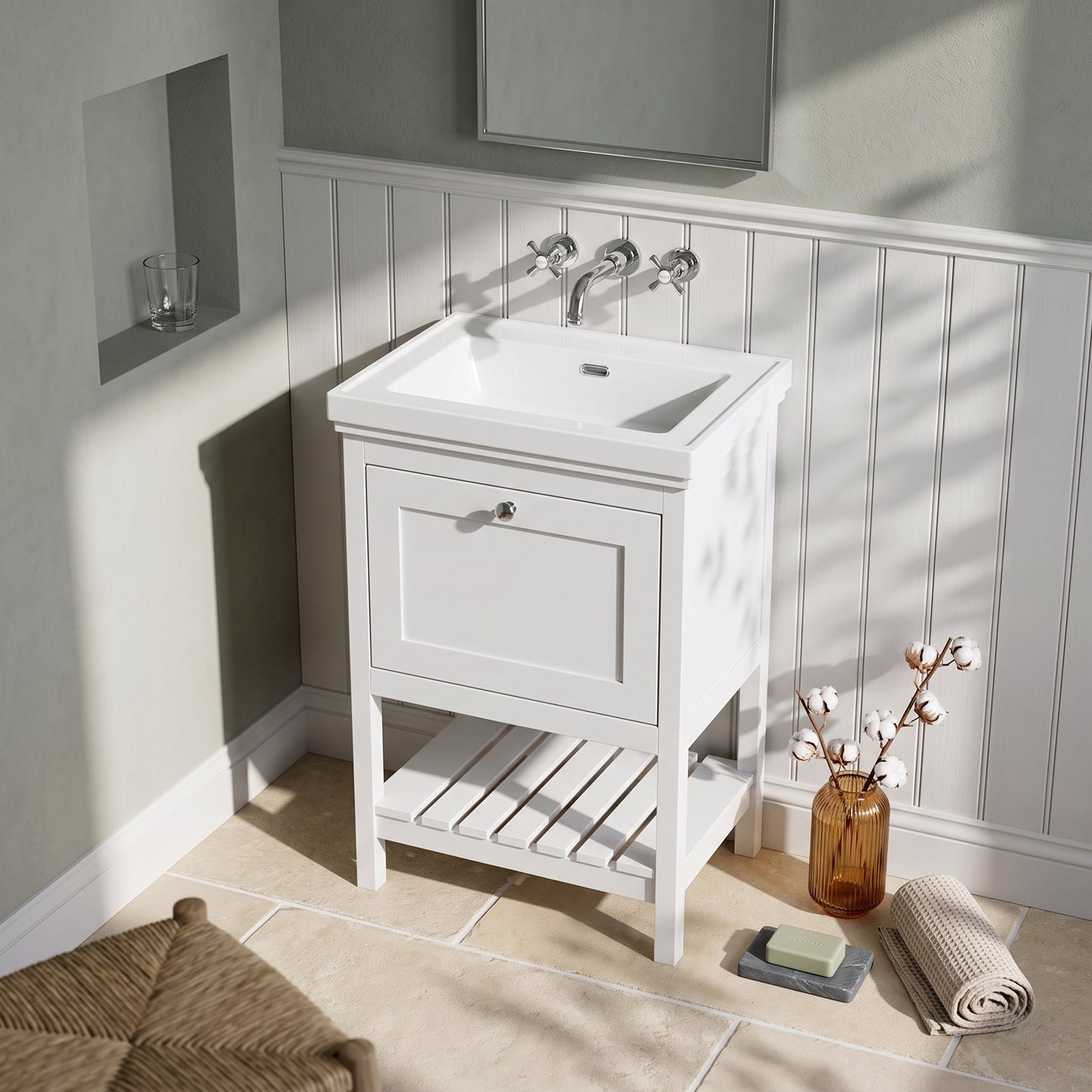Fairford Juliette Satin White 600mm 1 Drawer Floorstanding Vanity Unit with 0 Tap Hole Basin