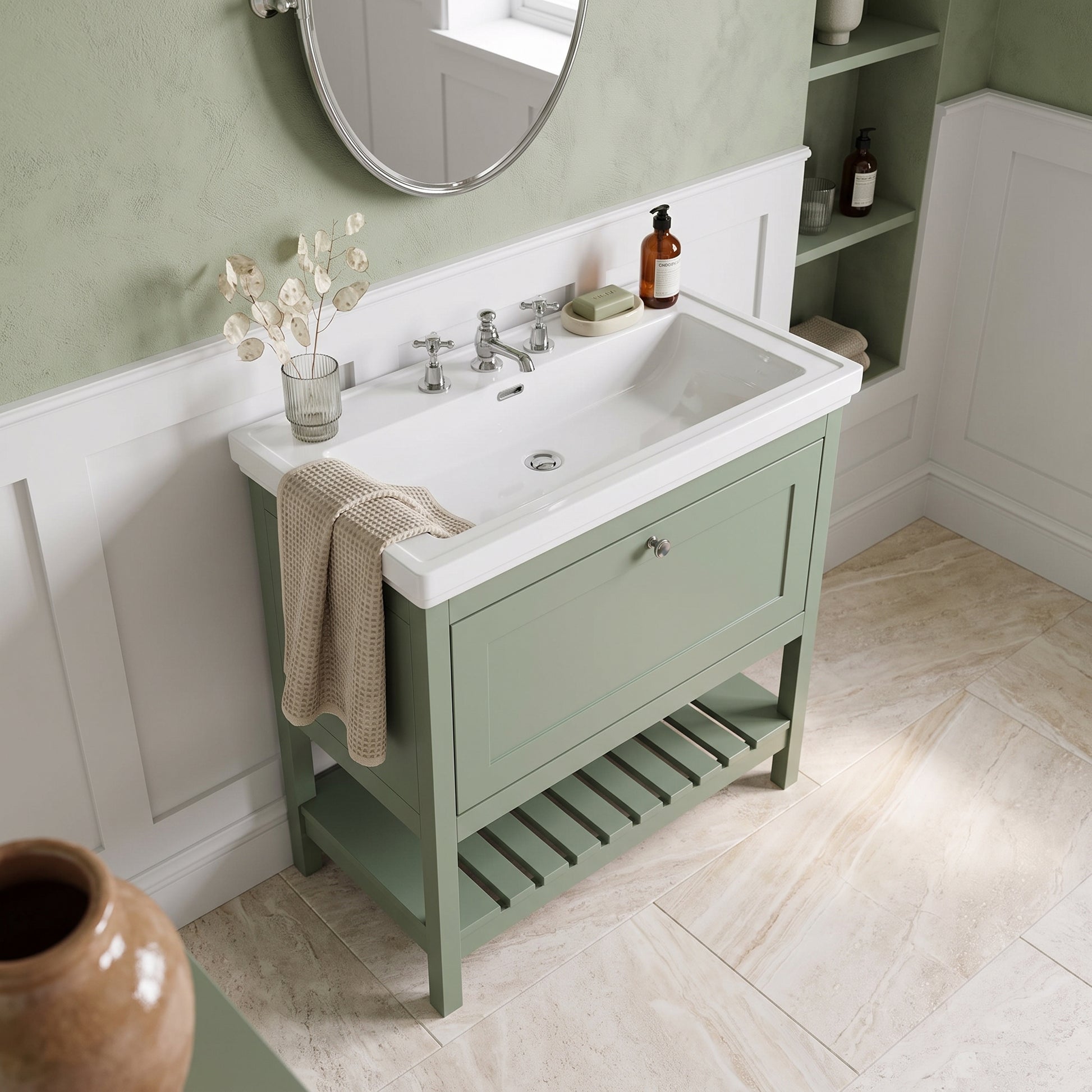 Fairford Juliette 800mm Fern Green 3 Tap Hole Floorstanding Vanity Unit