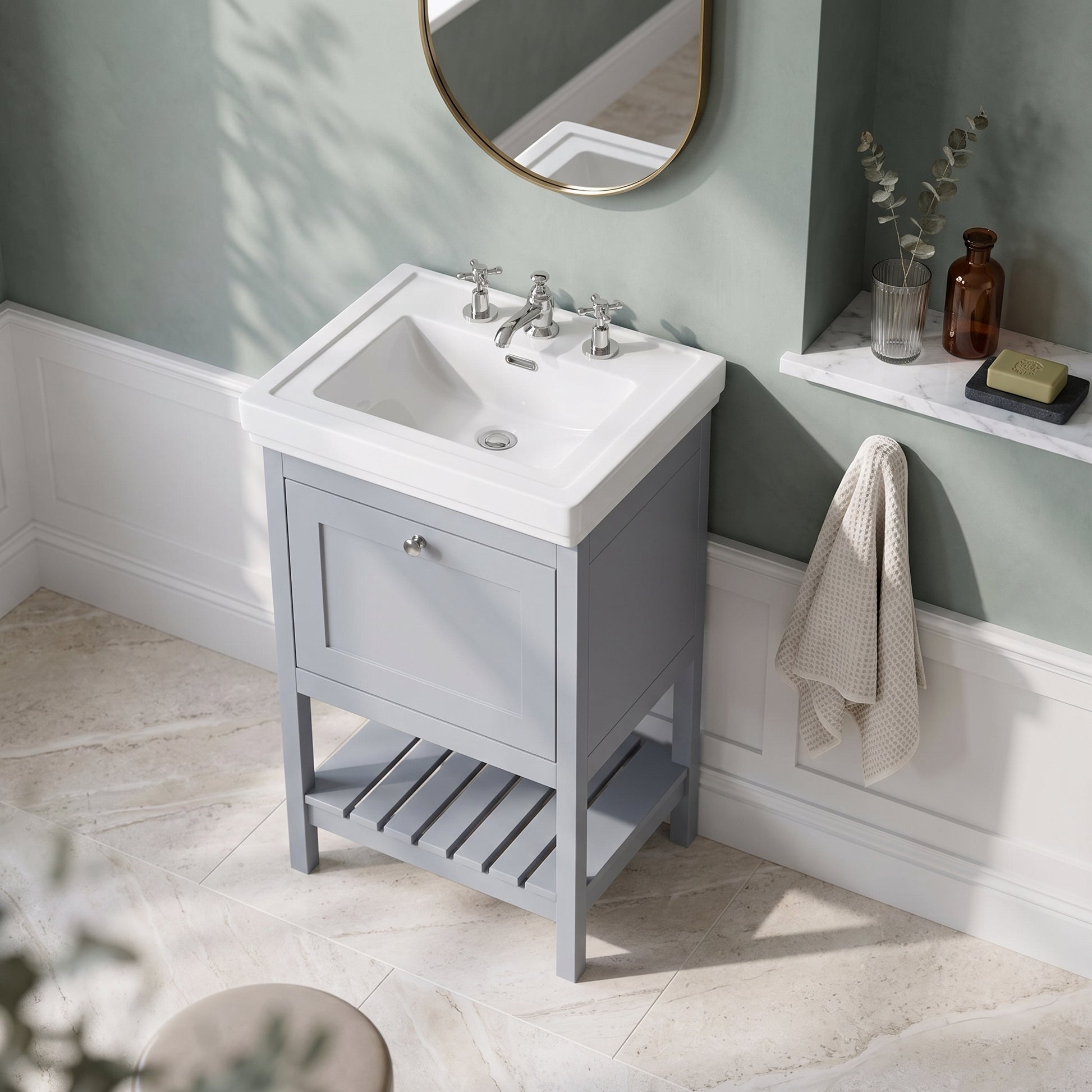 Fairford Juliette Satin Grey 500mm 1 Drawer Floorstanding Vanity Unit with 3 Tap Hole Basin