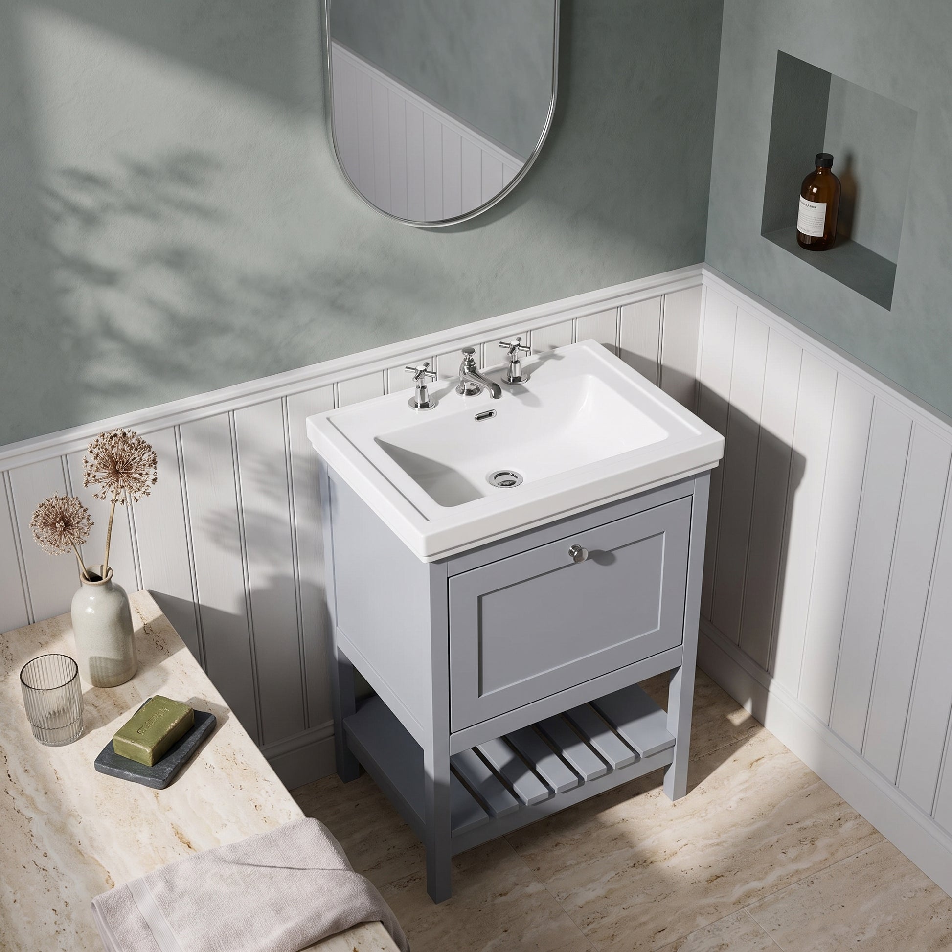 Fairford Juliette Satin Grey 600mm 1 Drawer Floorstanding Vanity Unit with 3 Tap Hole Basin