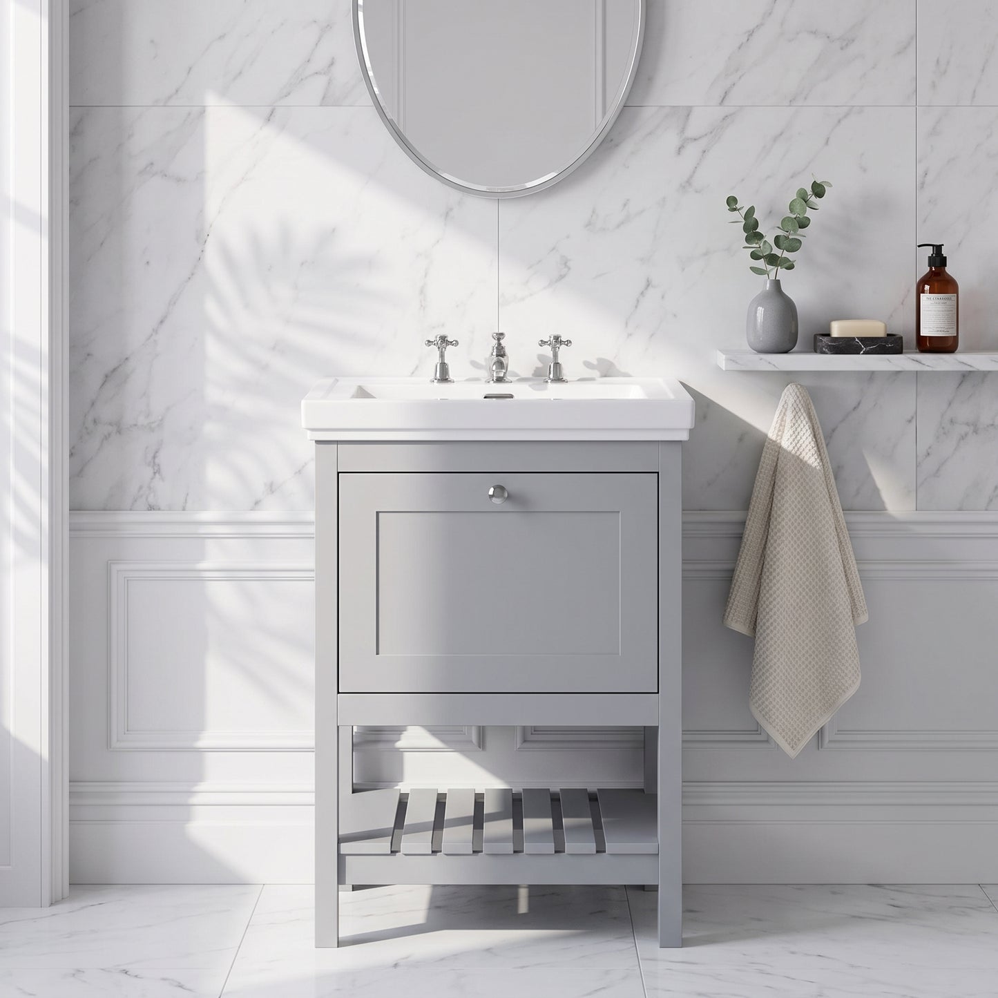 Fairford Juliette Satin Grey 600mm 1 Drawer Floorstanding Vanity Unit with 3 Tap Hole Basin
