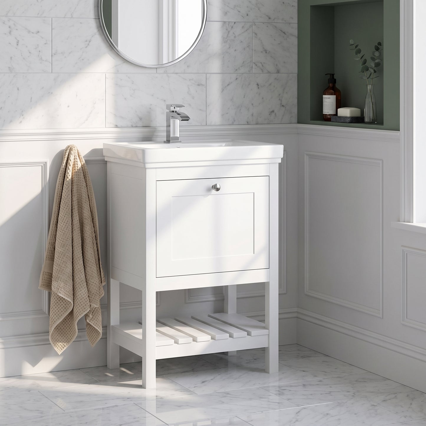 Fairford Juliette Satin White 500mm 1 Drawer Floorstanding Vanity Unit with 1 Tap Hole Basin