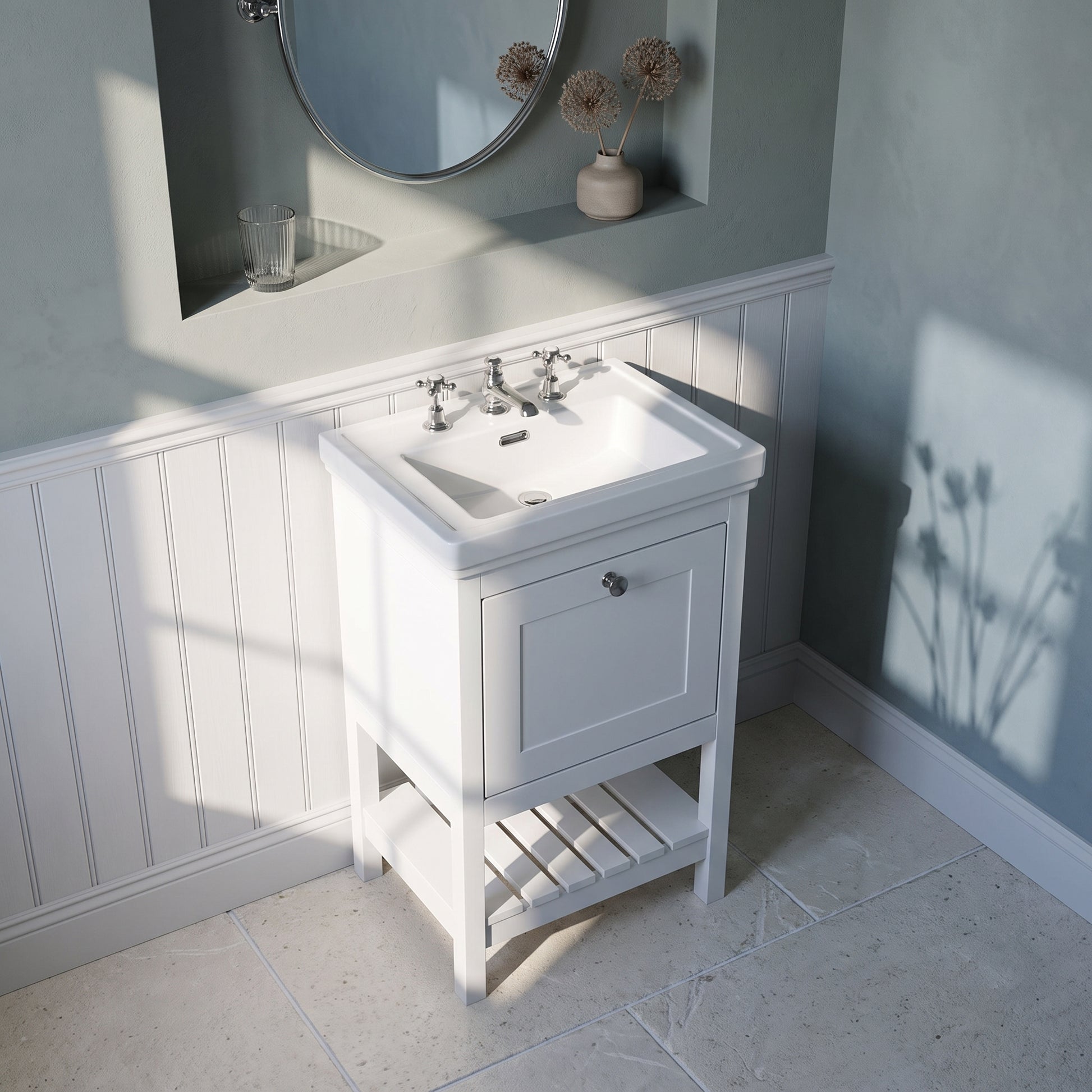 Fairford Juliette Satin White 500mm 1 Drawer Floorstanding Vanity Unit with 3 Tap Hole Basin