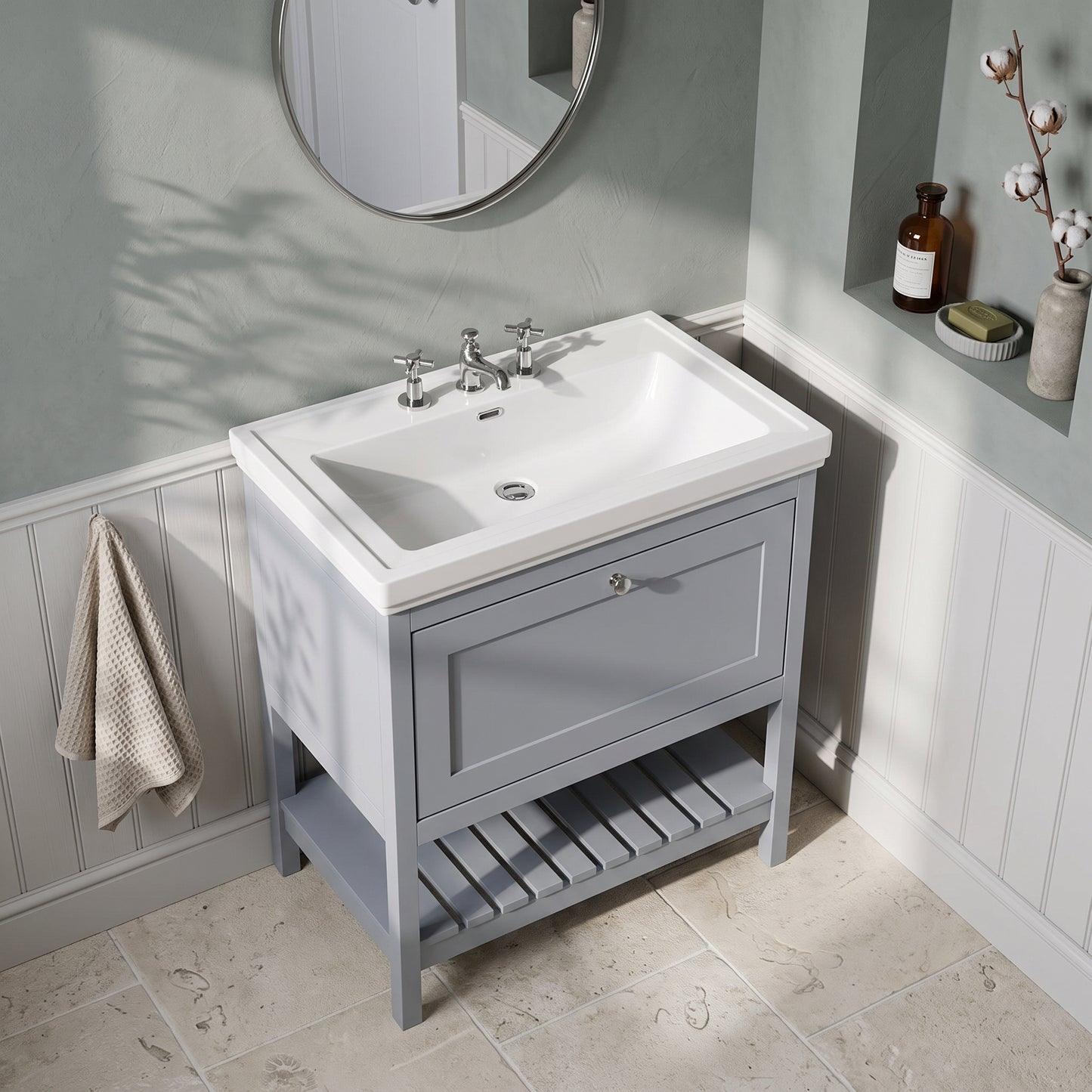 Fairford Juliette Satin Grey 800mm 1 Drawer Floorstanding Vanity Unit with 3 Tap Hole Basin