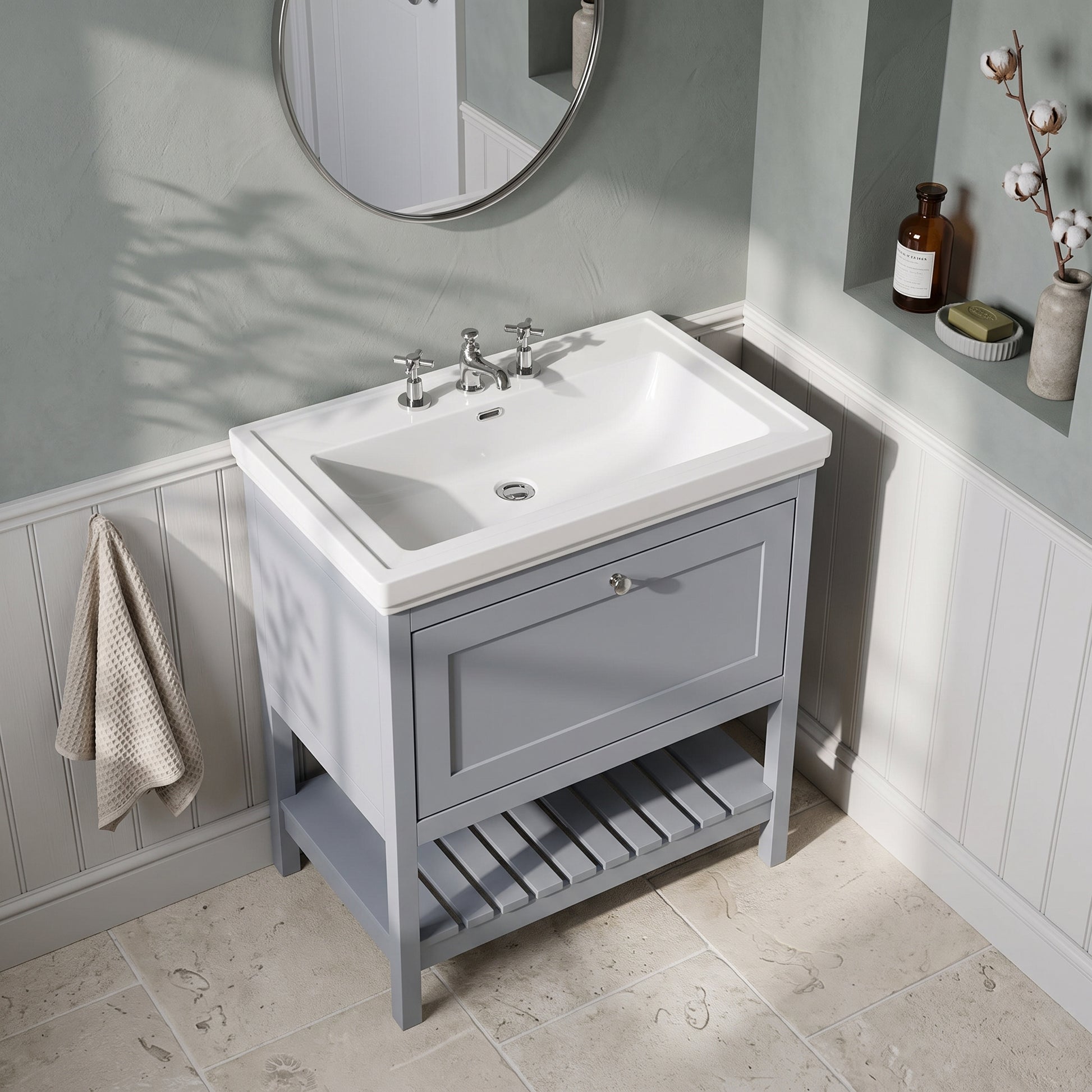 Fairford Juliette Satin Grey 800mm 1 Drawer Floorstanding Vanity Unit with 3 Tap Hole Basin
