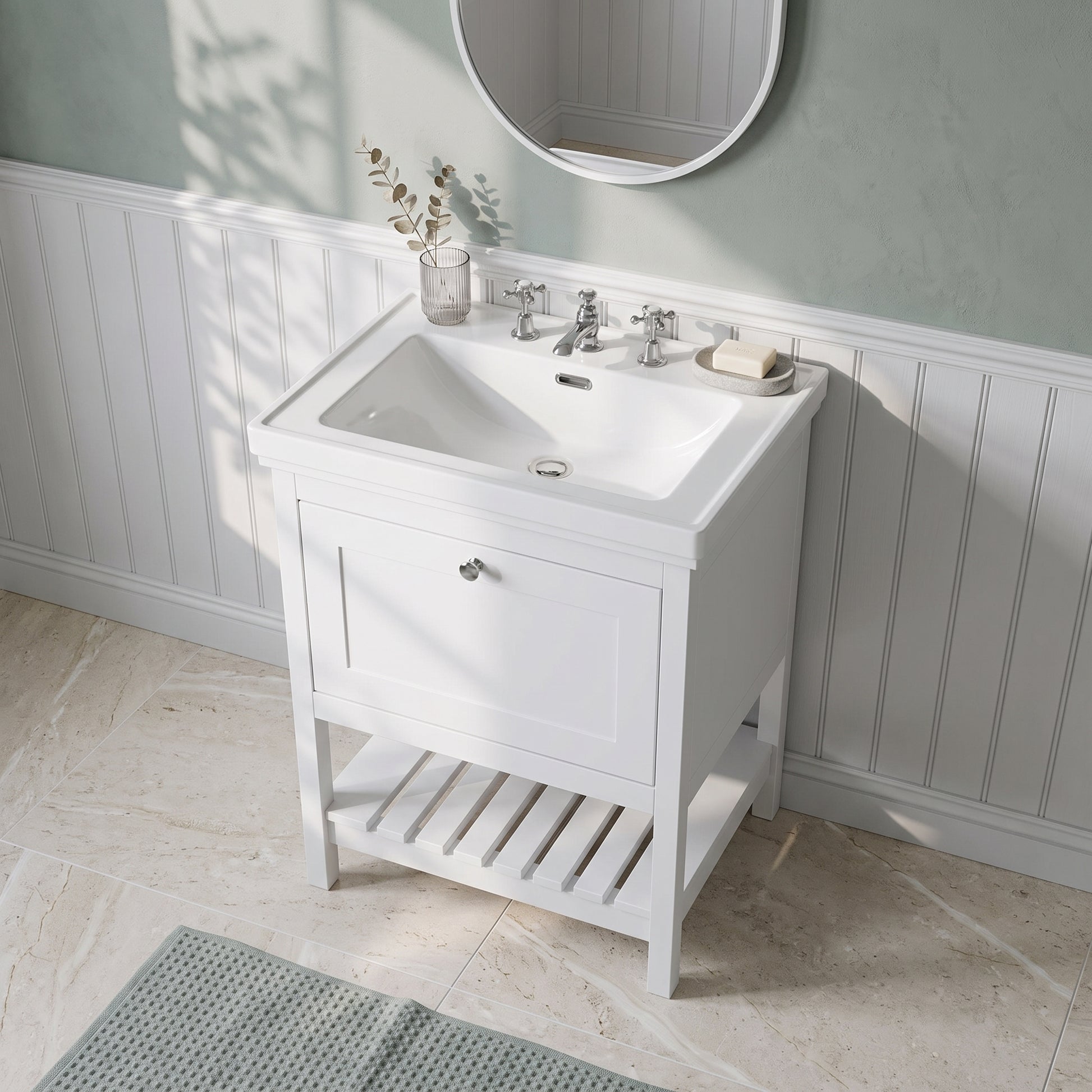 Fairford Juliette Satin White 600mm 1 Drawer Floorstanding Vanity Unit with 3 Tap Hole Basin