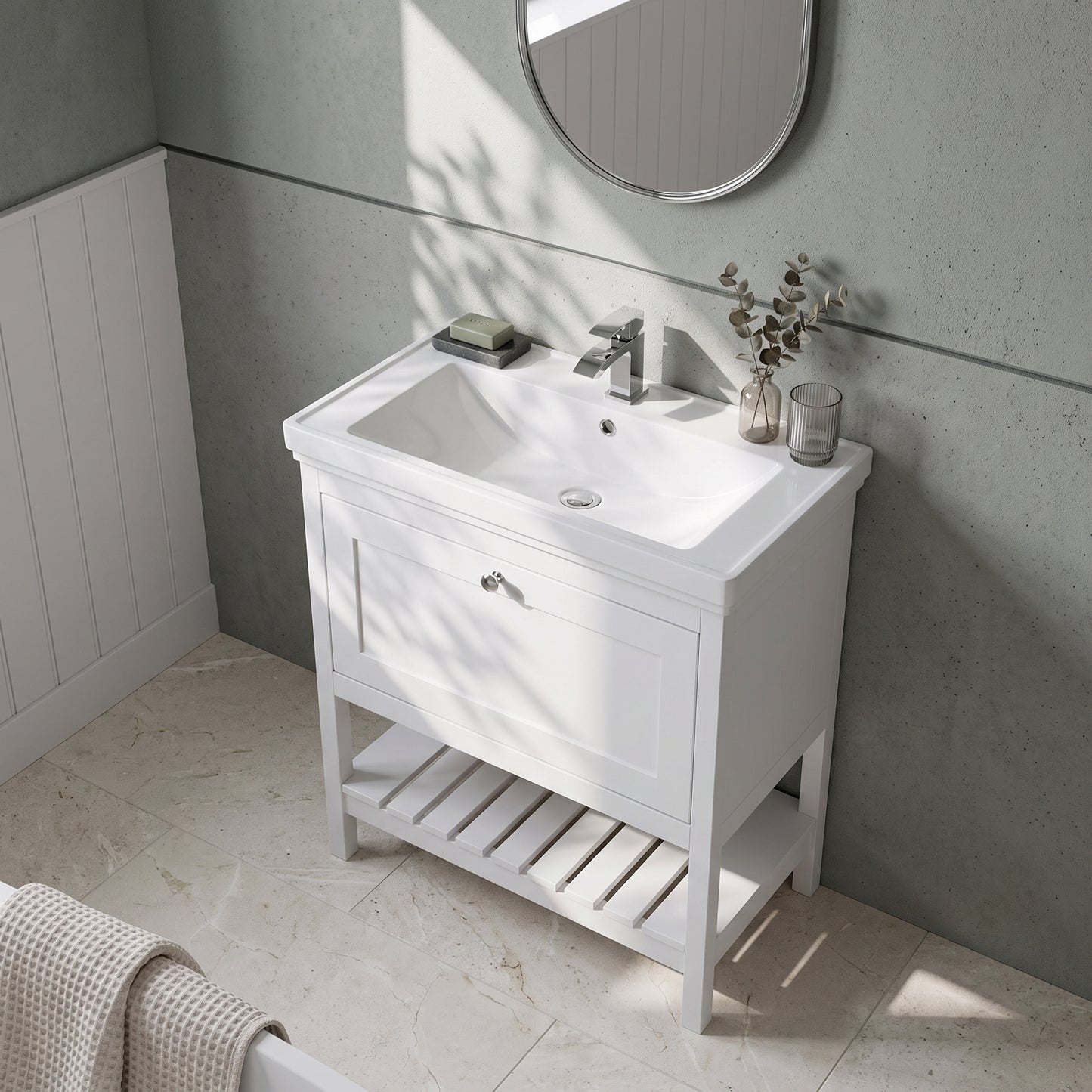 Fairford Juliette Satin White 800mm 1 Drawer Floorstanding Vanity Unit with 3 Tap Hole Basin