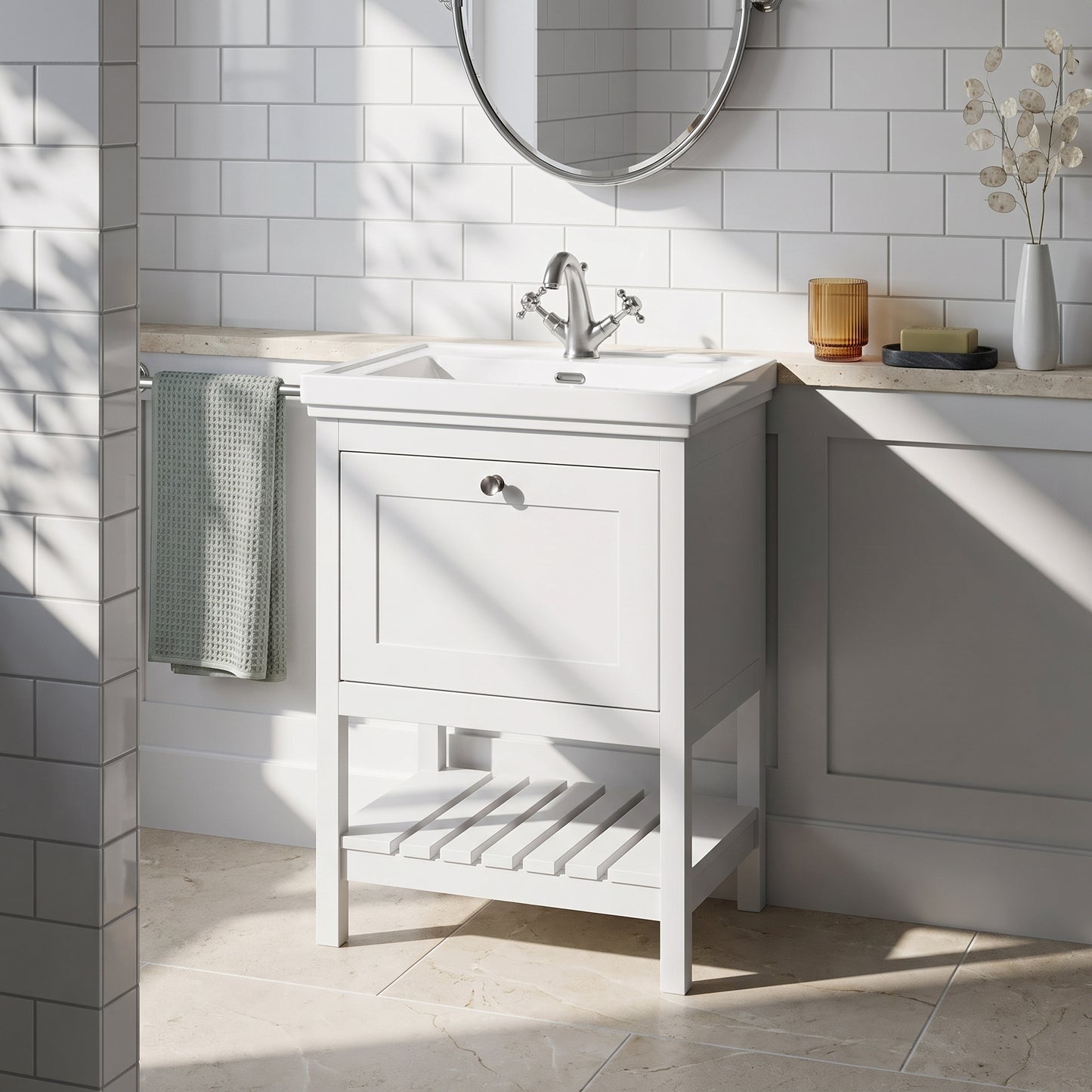 Fairford Juliette Satin White 600mm 1 Drawer Floorstanding Vanity Unit with 1 Tap Hole Basin