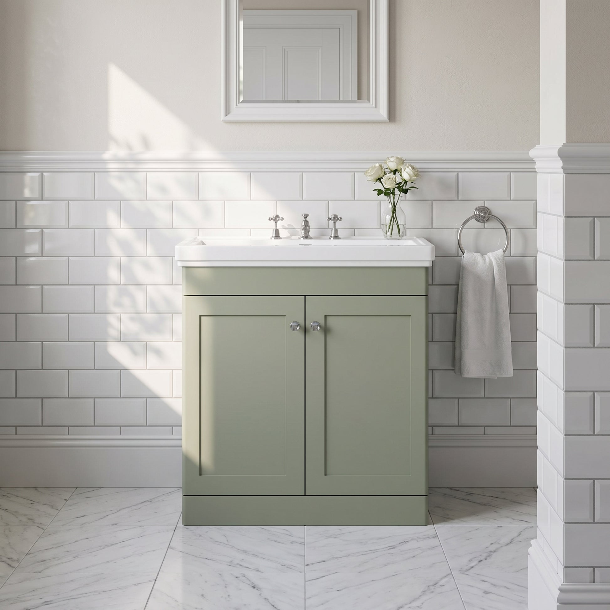 Fairford Laurel 800mm Floor Standing Satin Green Vanity Unit - 3 Tap Hole