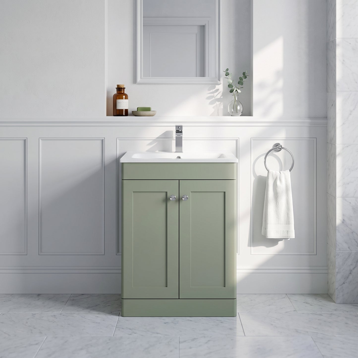 Fairford Laurel Satin Green 600mm 2 Door Floorstanding Vanity Unit with Stone Basin
