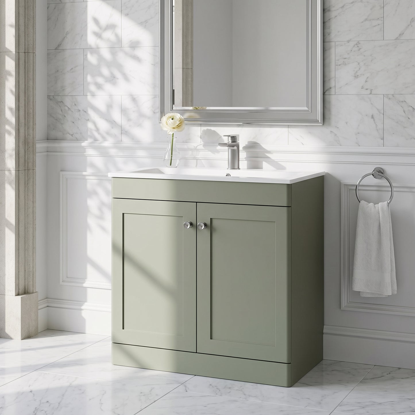 Fairford Laurel Satin Green 800mm 2 Door Floorstanding Vanity Unit with Stone Basin