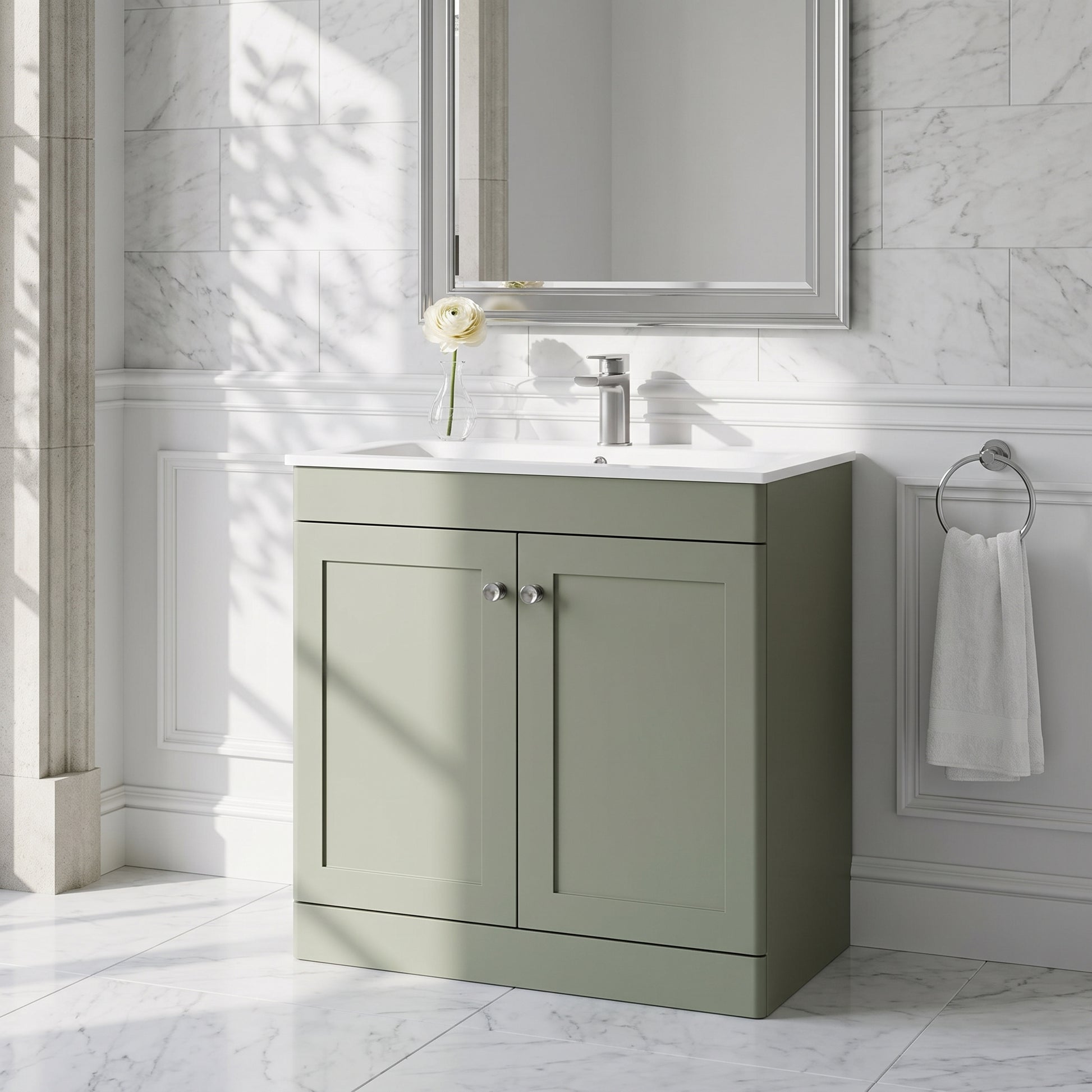 Fairford Laurel Satin Green 800mm 2 Door Floorstanding Vanity Unit with Stone Basin