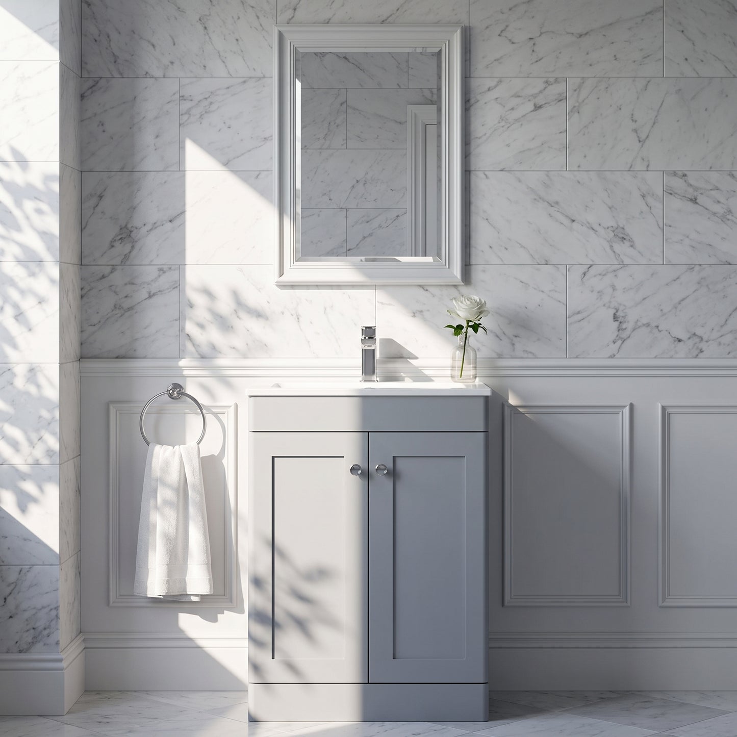 Fairford Laurel Satin Grey 600mm 2 Door Floorstanding Vanity Unit with Stone Basin