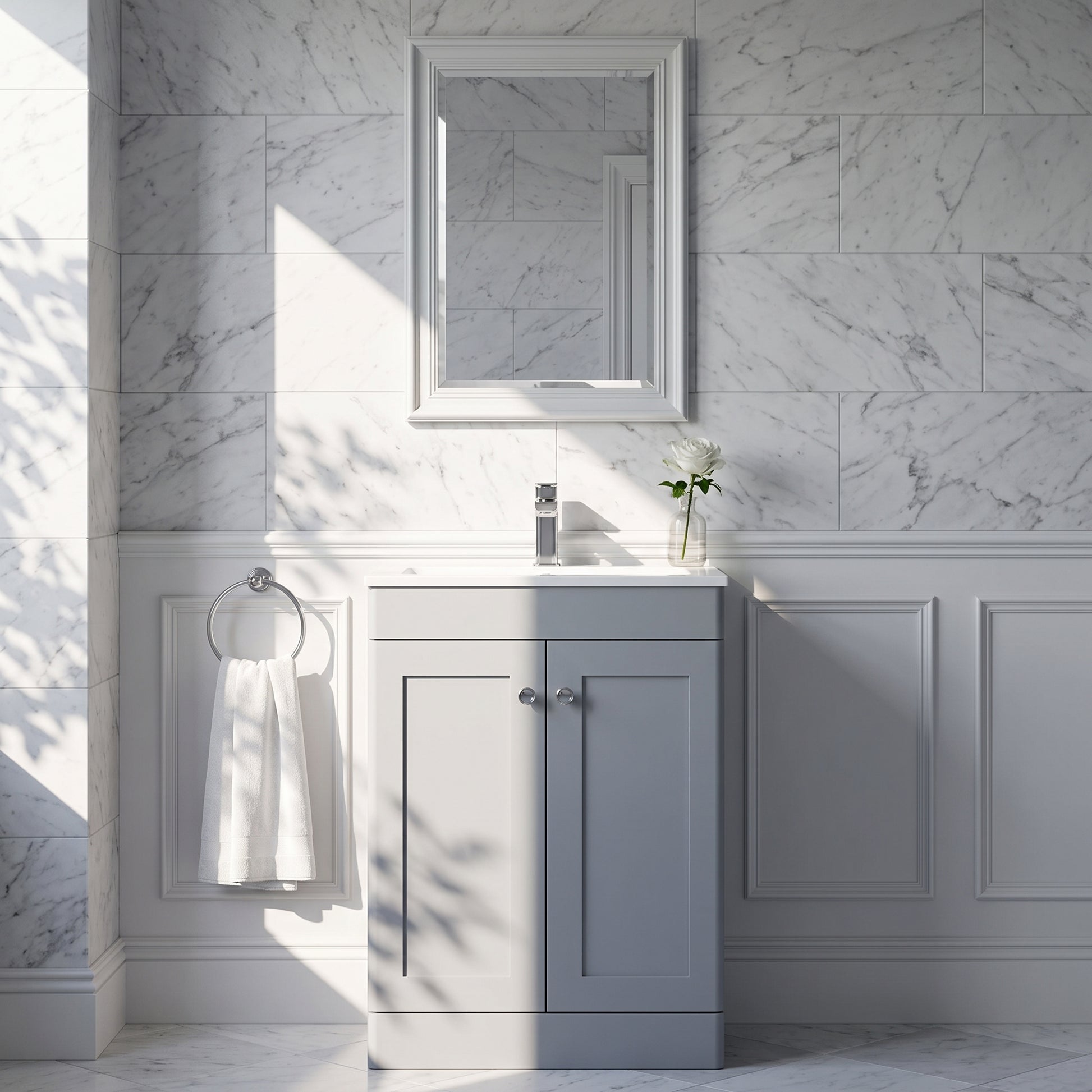 Fairford Laurel Satin Grey 600mm 2 Door Floorstanding Vanity Unit with Stone Basin