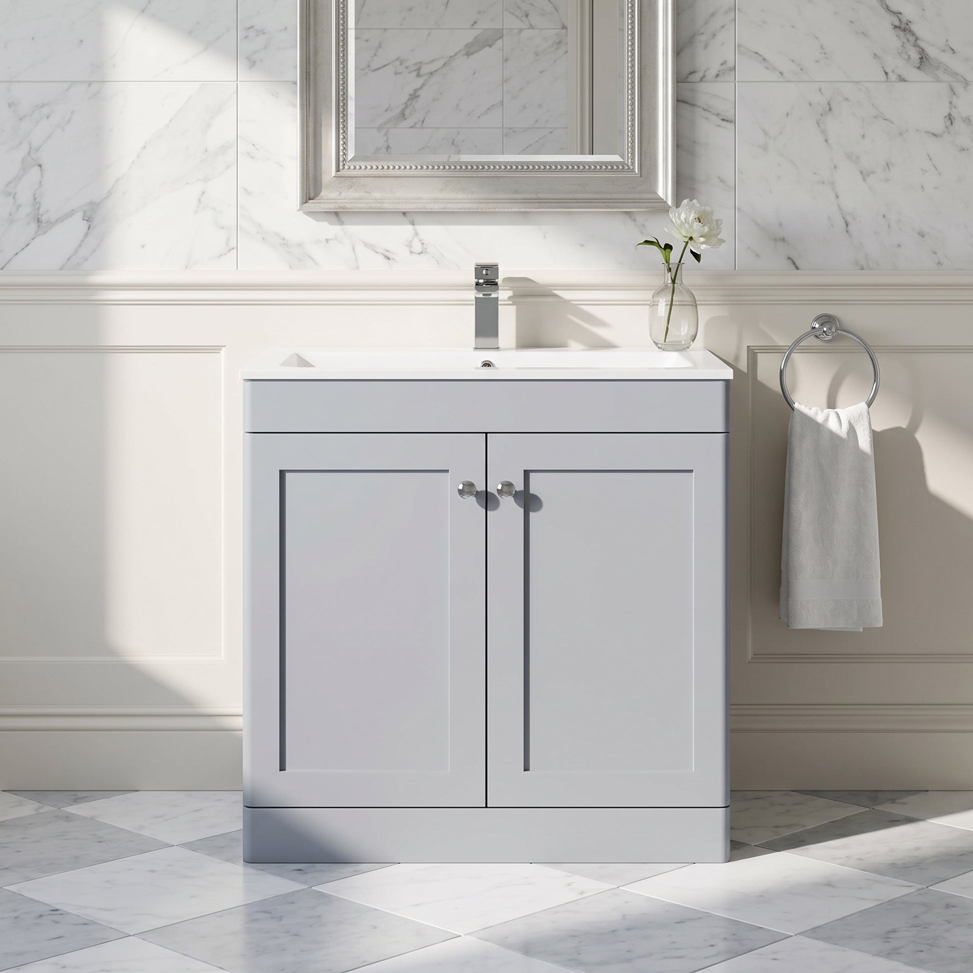 Fairford Laurel Satin Grey 800mm 2 Door Floorstanding Vanity Unit with Stone Basin