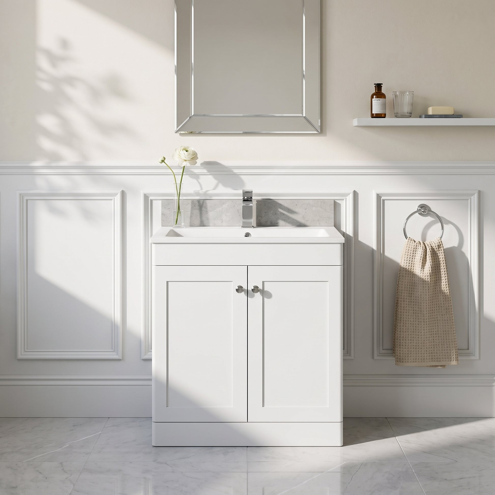 Fairford Laurel Satin White 800mm 2 Door Floorstanding Vanity Unit with Stone Basin