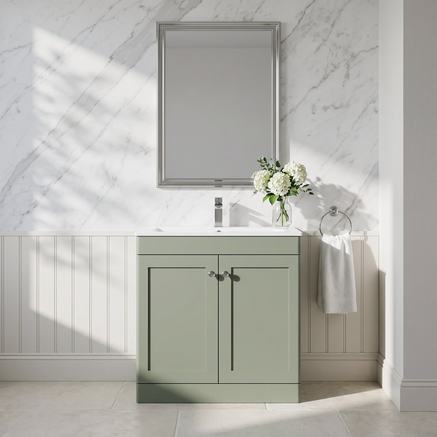 Fairford Laurel Satin Green 800mm 2 Door Floorstanding Vanity Unit with Stone Basin