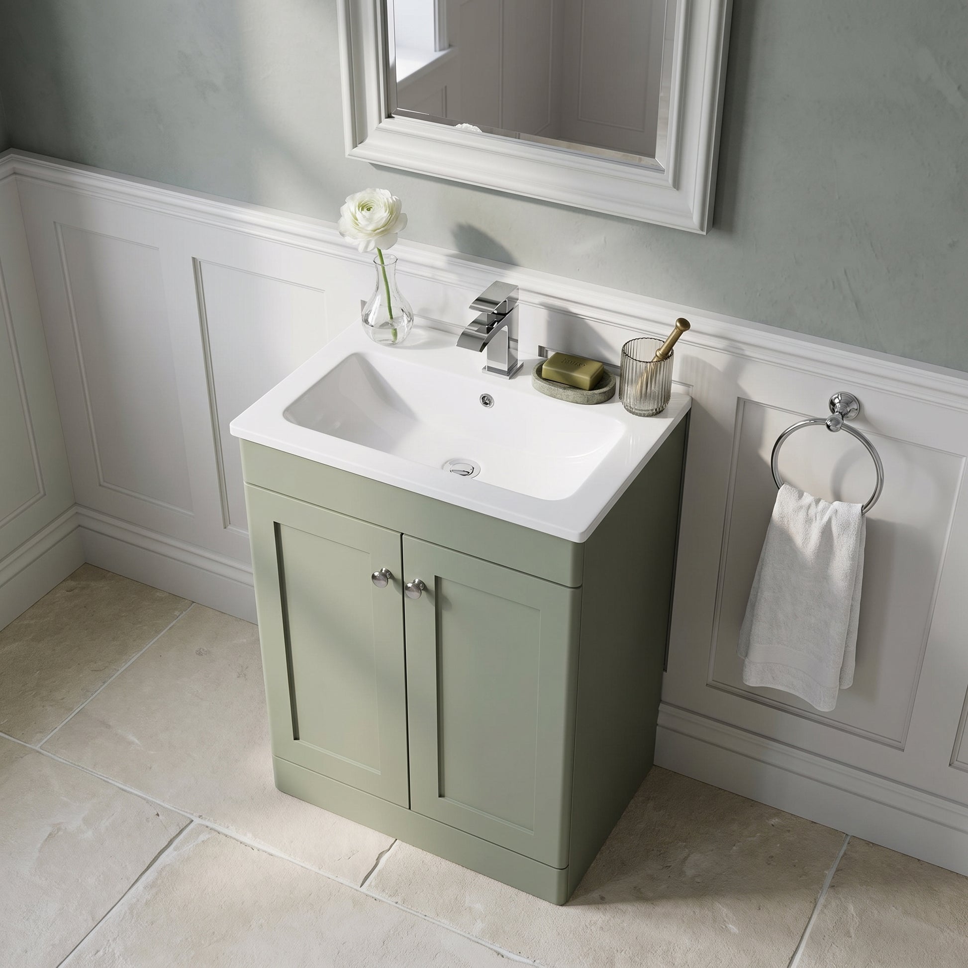 Fairford Laurel Satin Green 600mm 2 Door Floorstanding Vanity Unit with Stone Basin