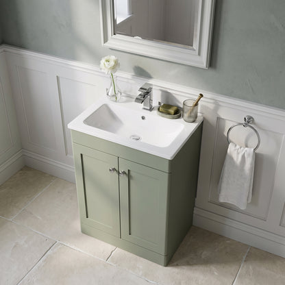 Fairford Laurel Satin Green 600mm 2 Door Floorstanding Vanity Unit with Stone Basin