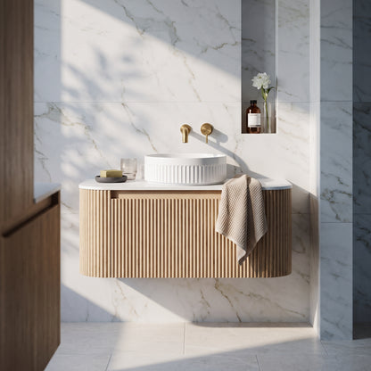 Fairford Sophia Country Oak 870mm Basin & Vanity Unit Pack — Vessel Basin, Curved Vanity Unit & Worktop