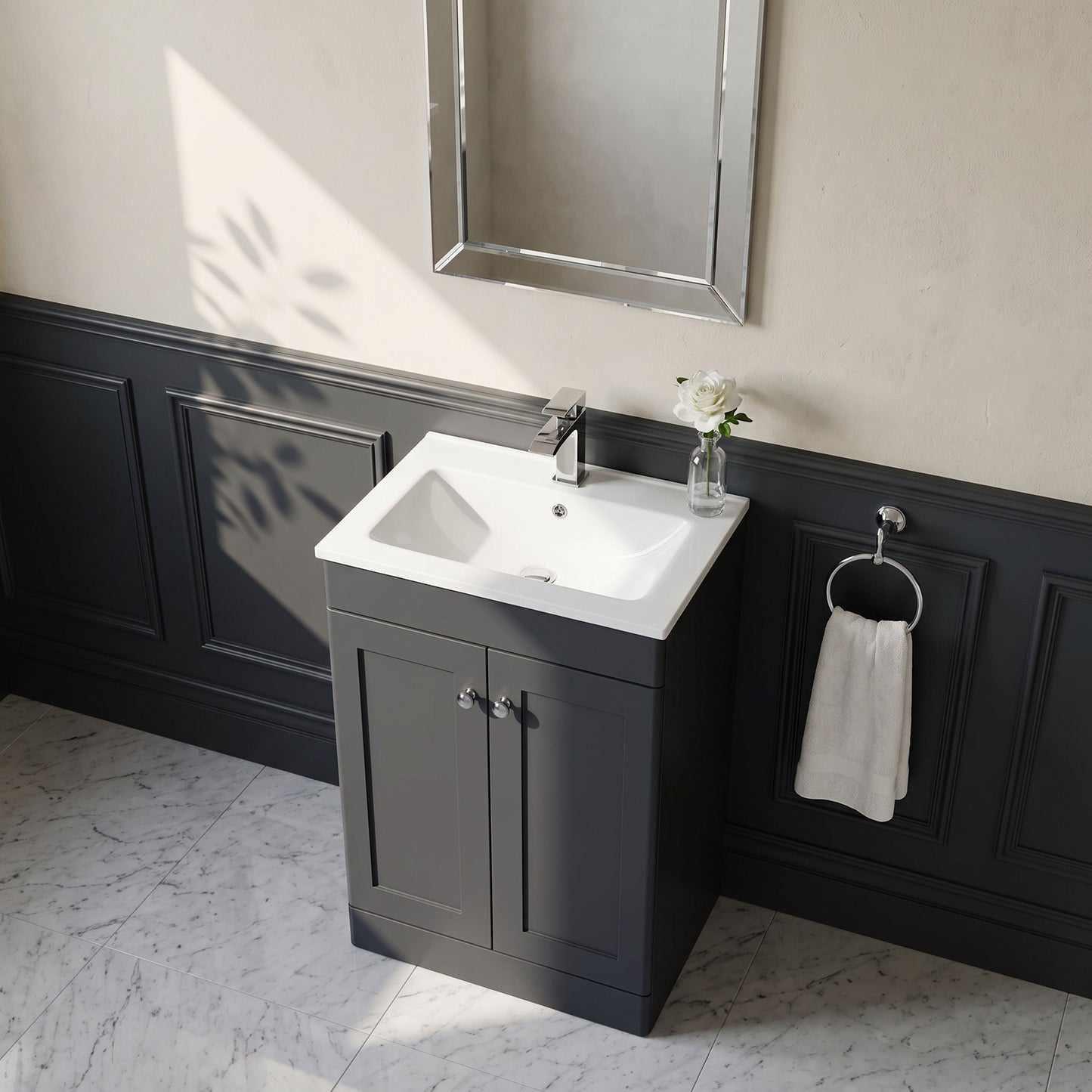 Fairford Laurel Soft Black 600mm 2 Door Floorstanding Vanity Unit with Stone Basin