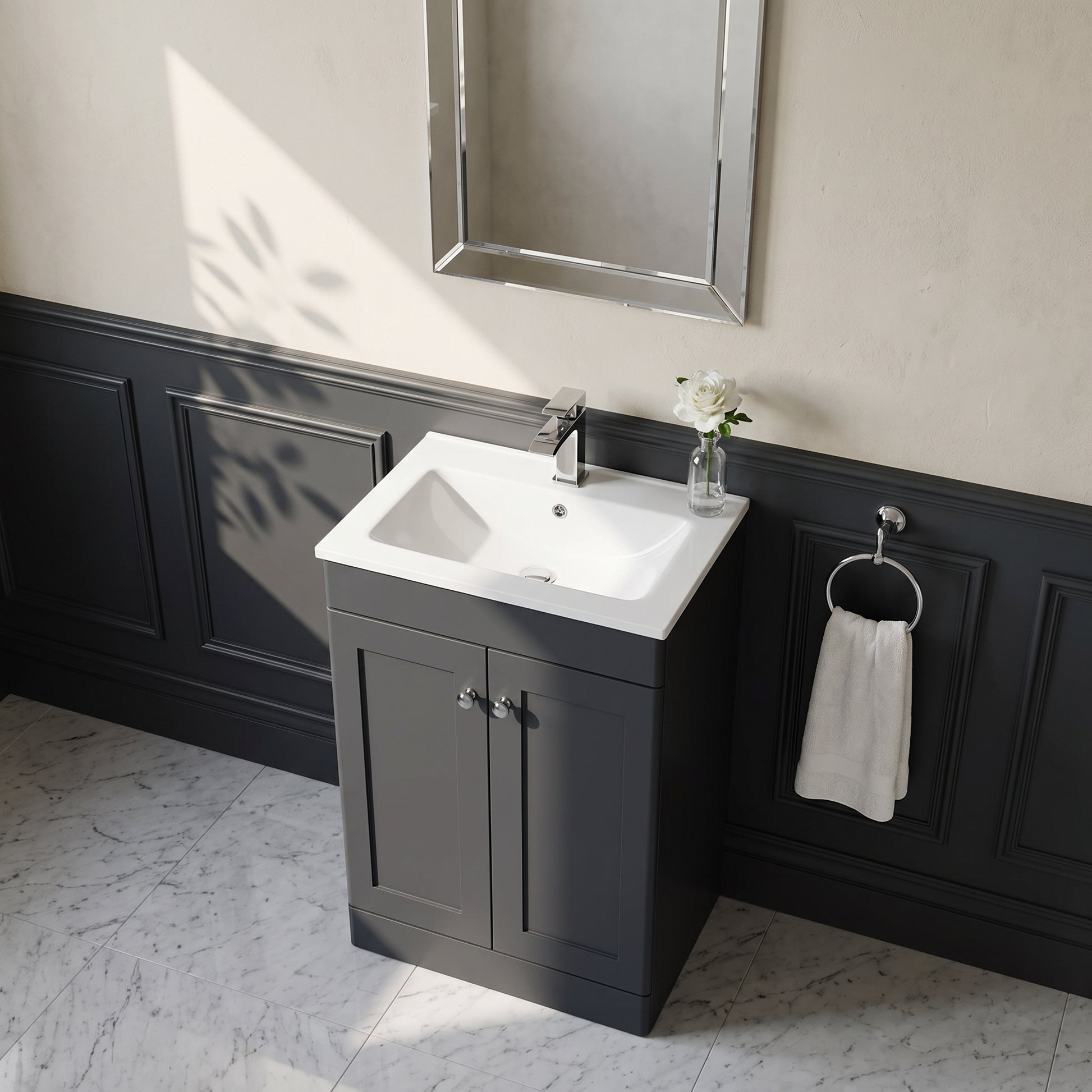 Fairford Laurel Soft Black 600mm 2 Door Floorstanding Vanity Unit with Stone Basin