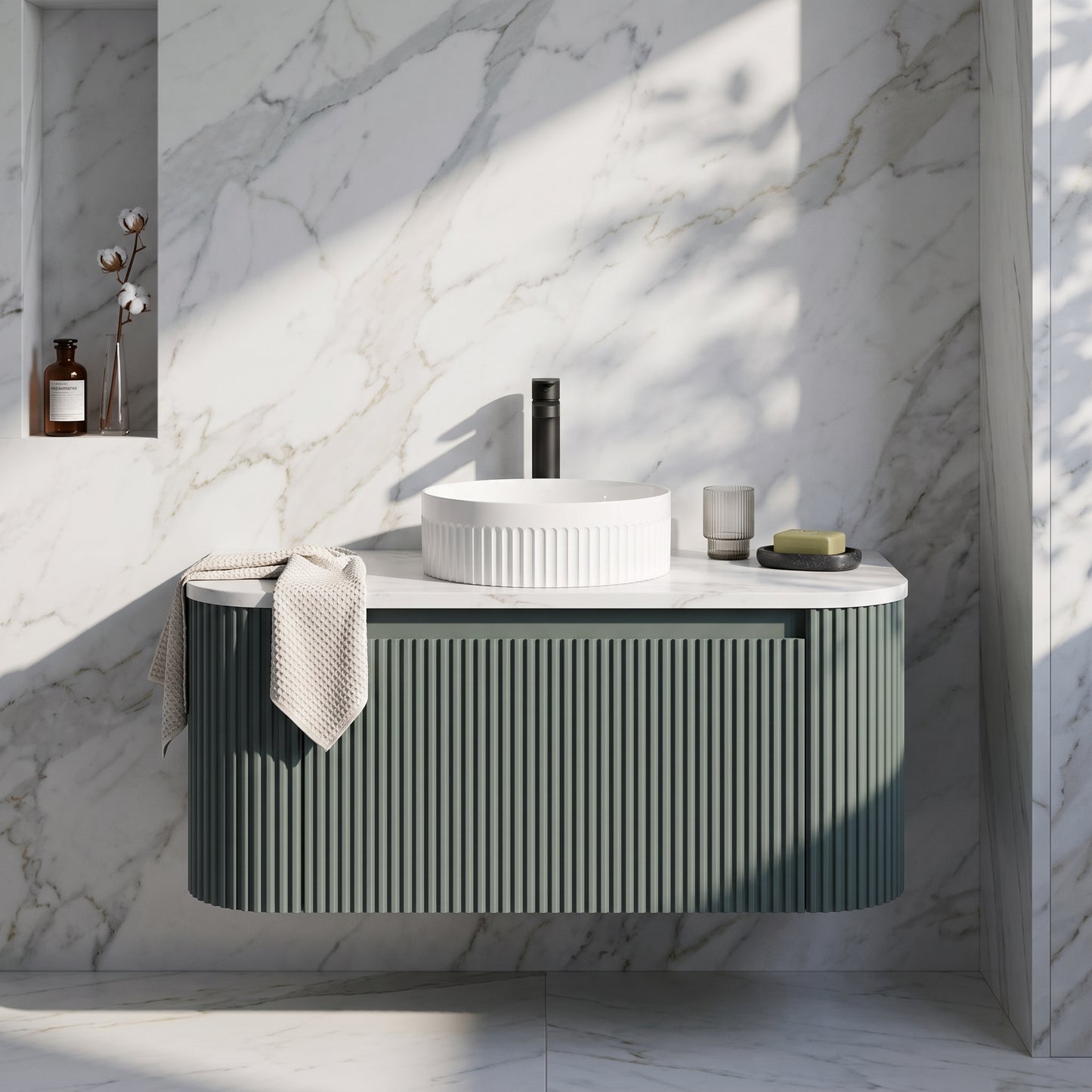 Fairford Sophia Smoked Sage 870mm Basin & Vanity Unit Pack — Vessel Basin, Curved Vanity Unit & Worktop