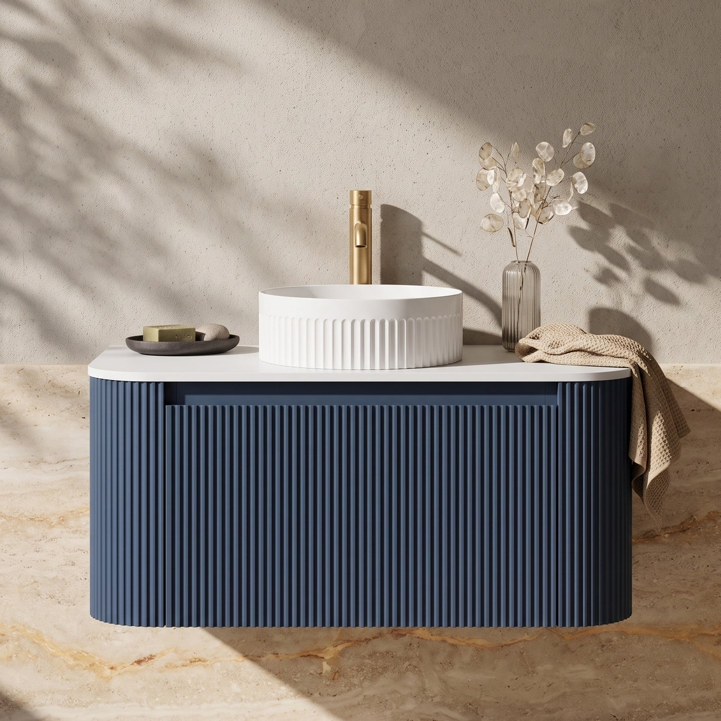 Fairford Sophia Midnight Shadow 870mm Basin & Vanity Unit Pack — Vessel Basin, Curved Vanity Unit & Worktop
