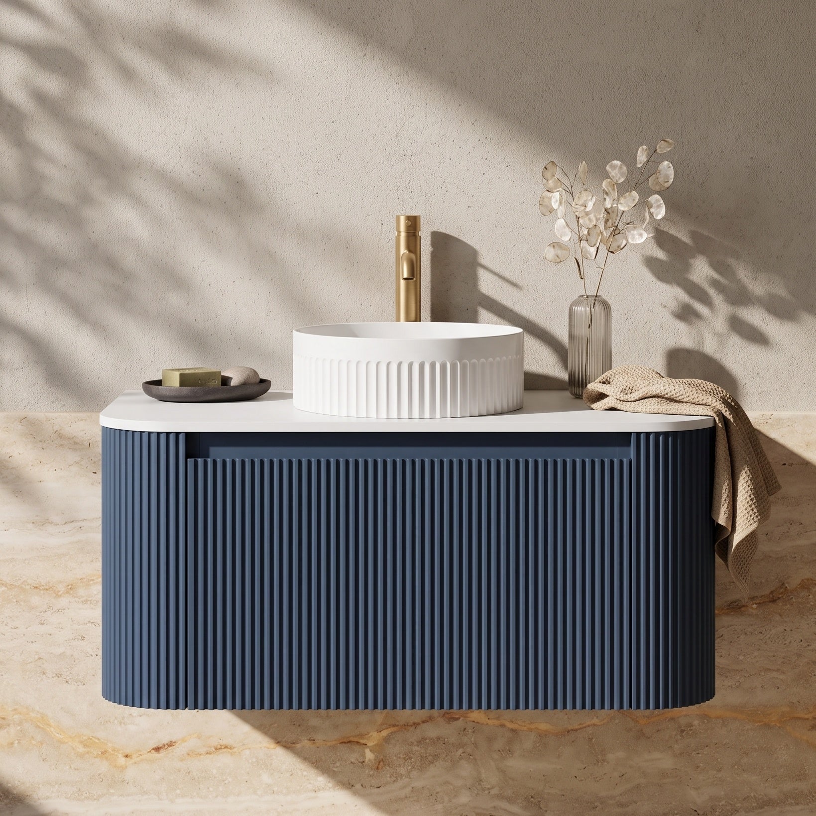 Fairford Sophia Midnight Shadow 870mm Basin & Vanity Unit Pack — Vessel Basin, Curved Vanity Unit & Worktop