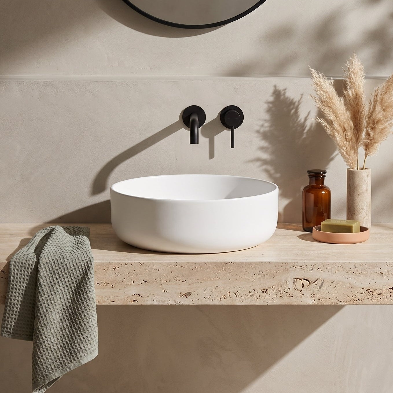 Fairford Finesse 0TH, 350 x 350 x 120mm Round Vessel — Warm-Neutral Stone lifestyle