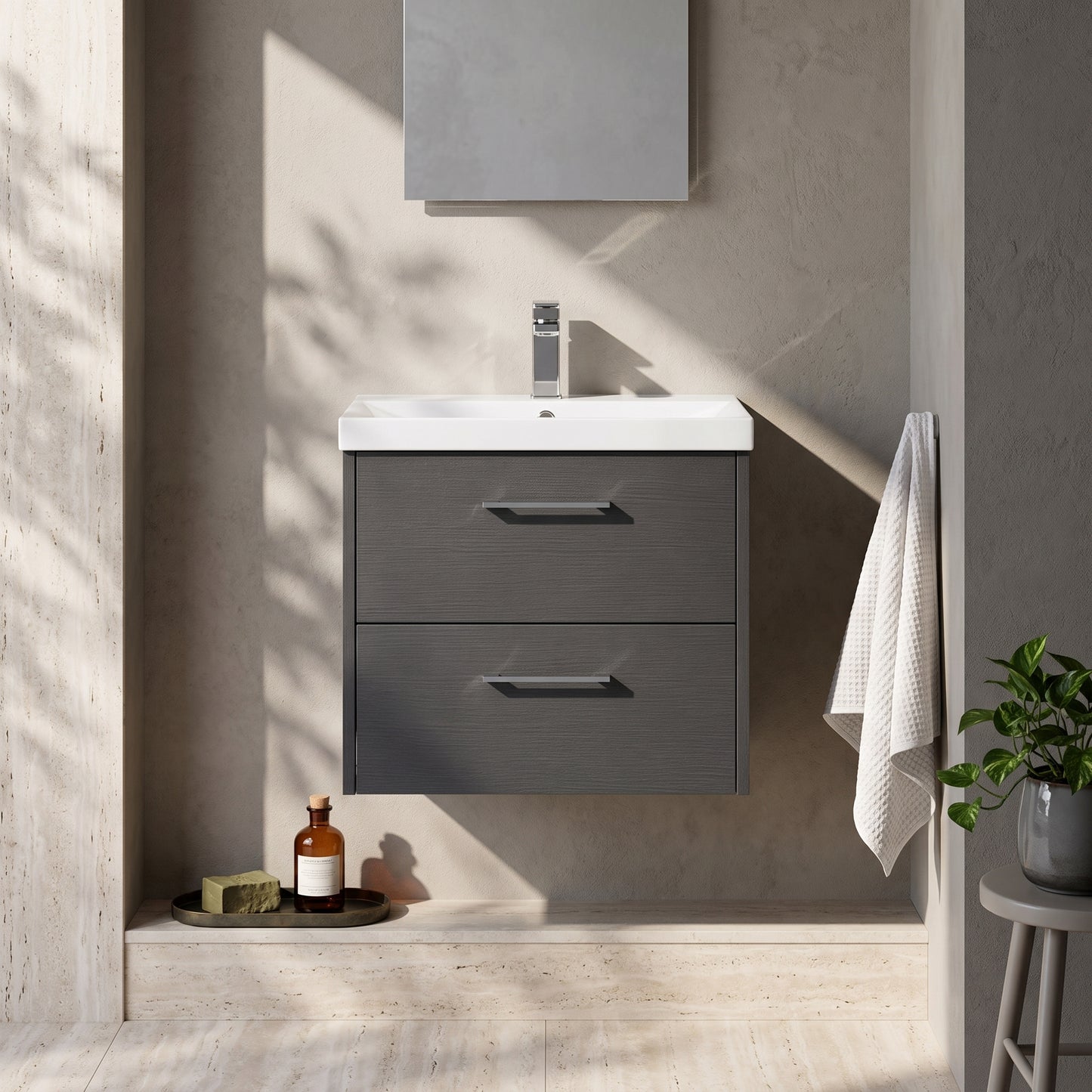 Fairford Anika 600mm Graphite Woodgrain 2 Drawer Wall Hung Vanity Unit
