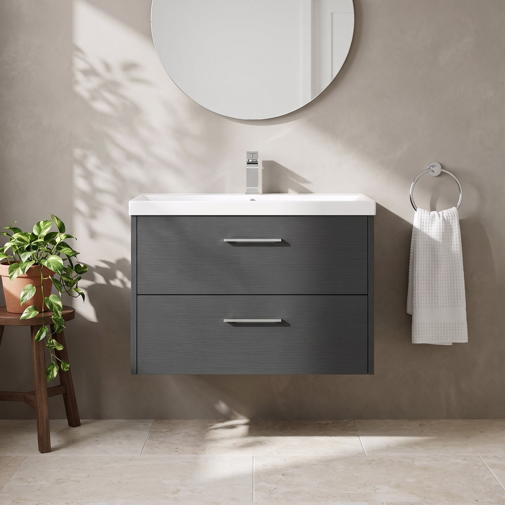 Fairford Anika 800mm Graphite Woodgrain 2 Drawer Wall Hung Vanity Unit