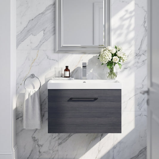 Fairford Aspri Black Woodgrain 600mm 1 Drawer Wall Hung Vanity Unit