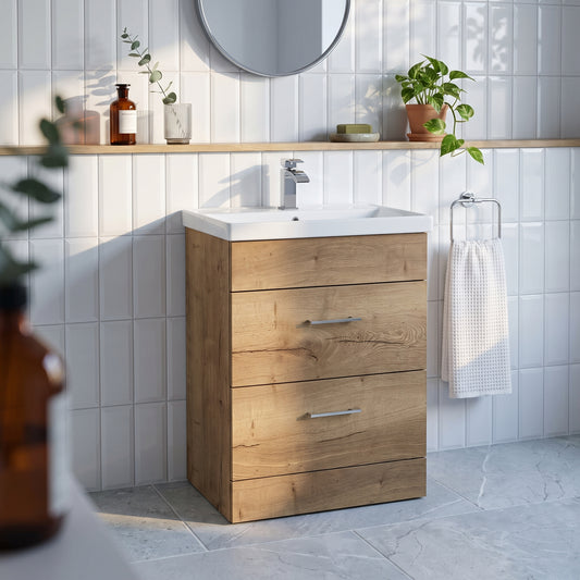 Fairford Union Style Slab Dark Oak 600mm Full Depth 2 Drawer Vanity Unit