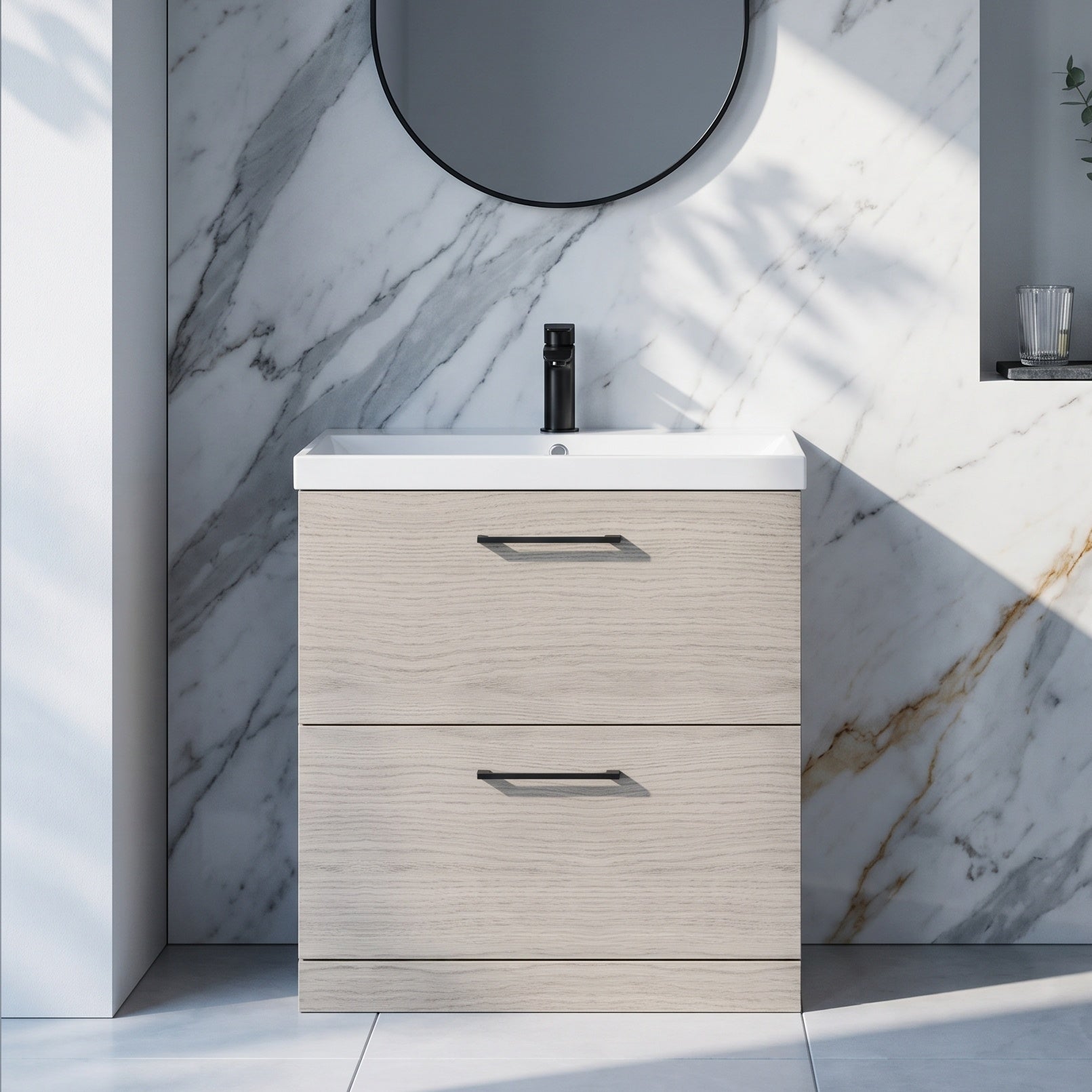 Fairford Aspri 800mm Solace Oak 2-Drawer Floorstanding Vanity Unit