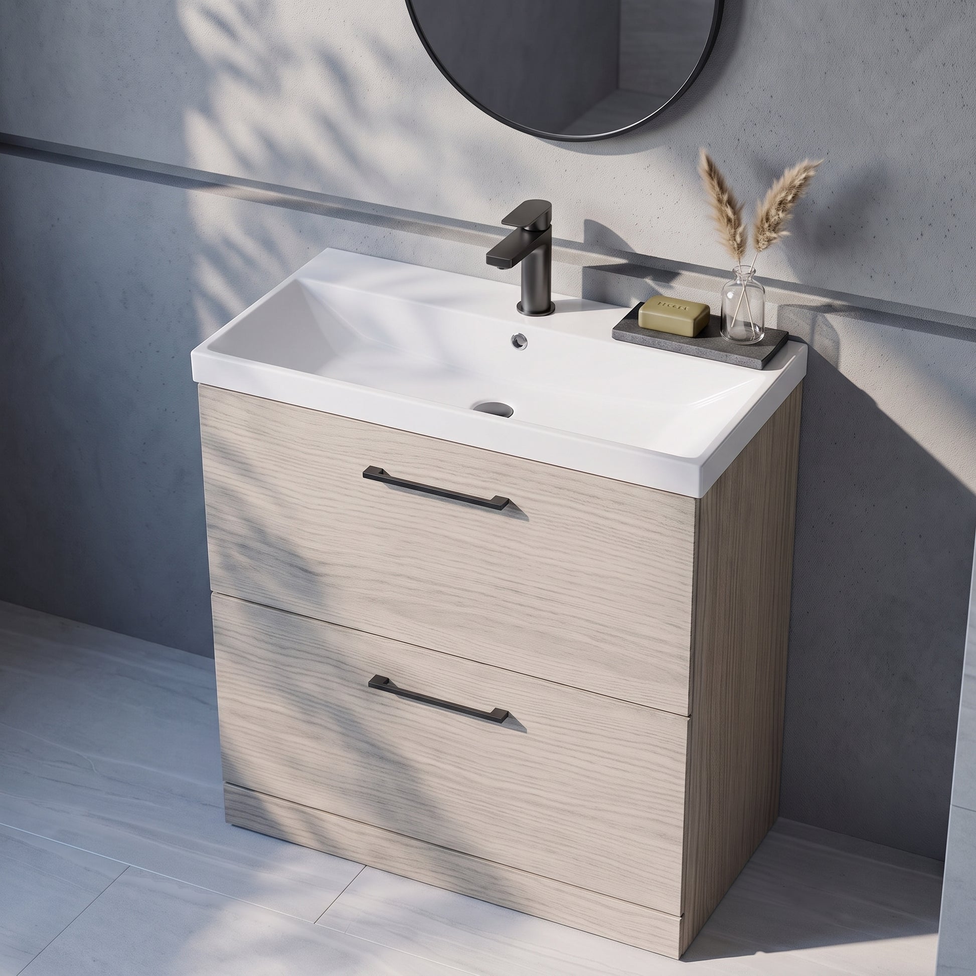 Fairford Aspri 800mm Solace Oak 2-Drawer Floorstanding Vanity Unit